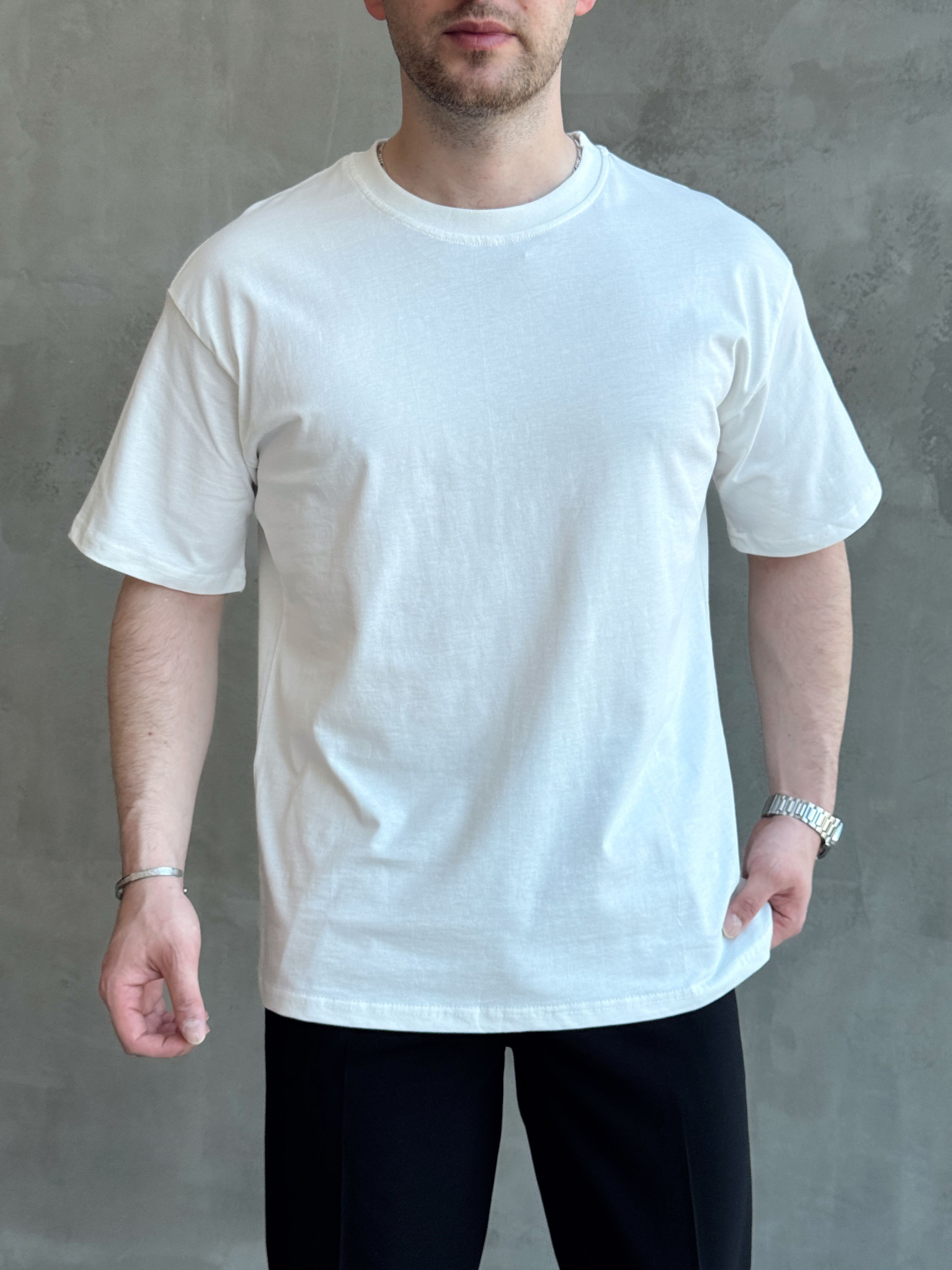 Erkek En Trend Oversize Kalıp Bisiklet Yaka Basic T-Shirt-Beyaz(E1758)Ketench