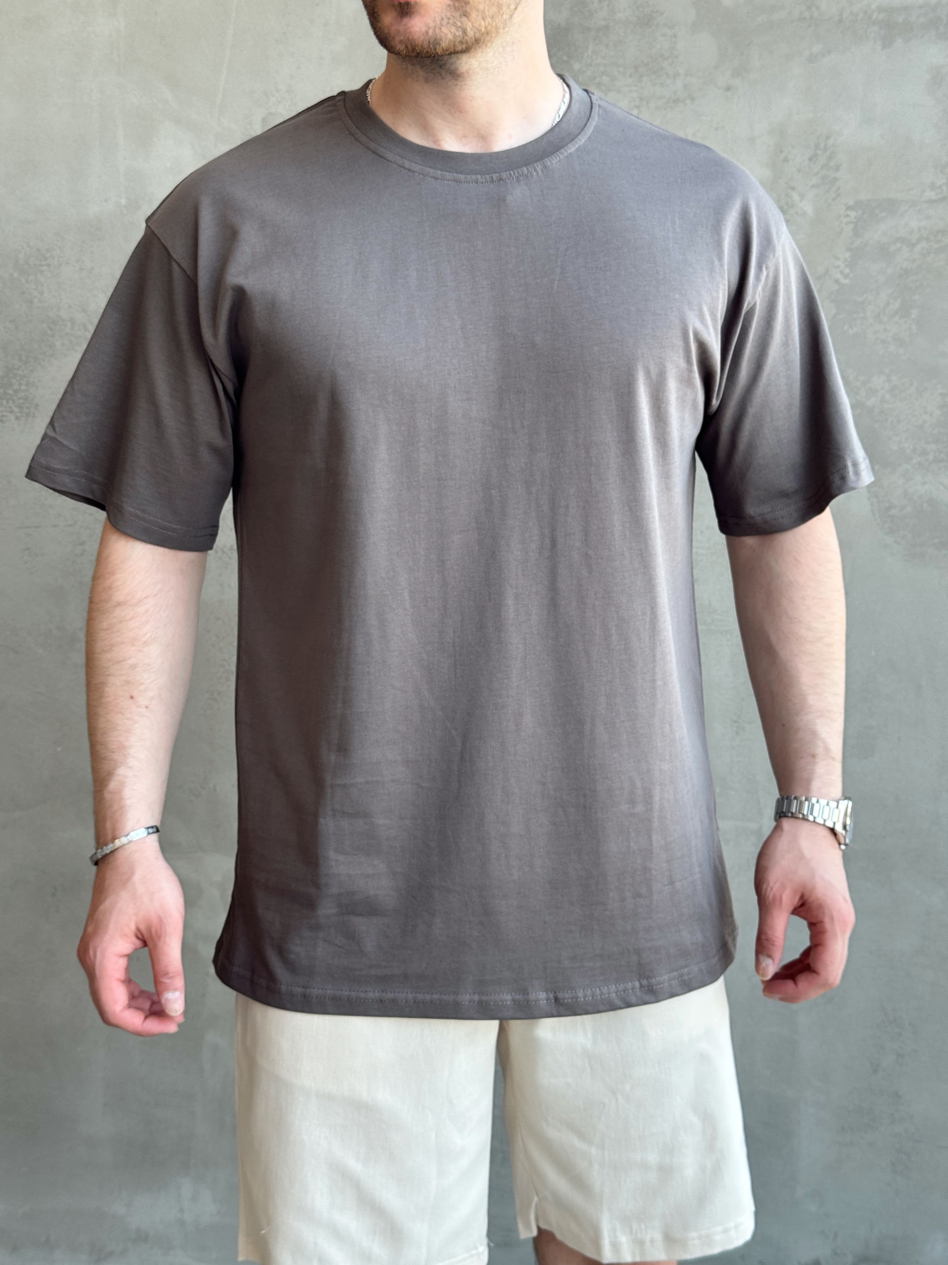 Erkek En Trend Oversize Kalıp Bisiklet Yaka Basic T-Shirt-Antrasit(E1758)Ketench