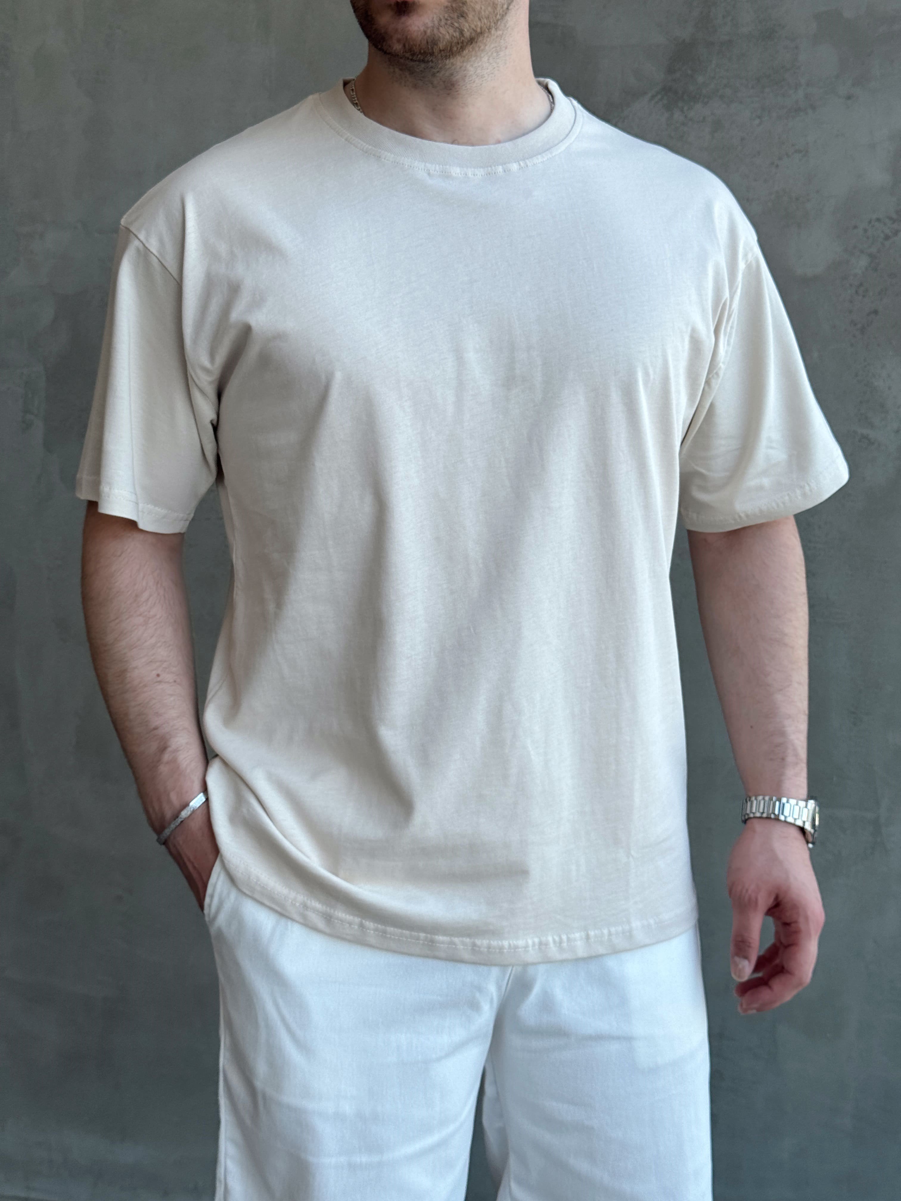 Erkek En Trend Oversize Kalıp Bisiklet Yaka Basic T-Shirt-Bej(E1758)Ketench