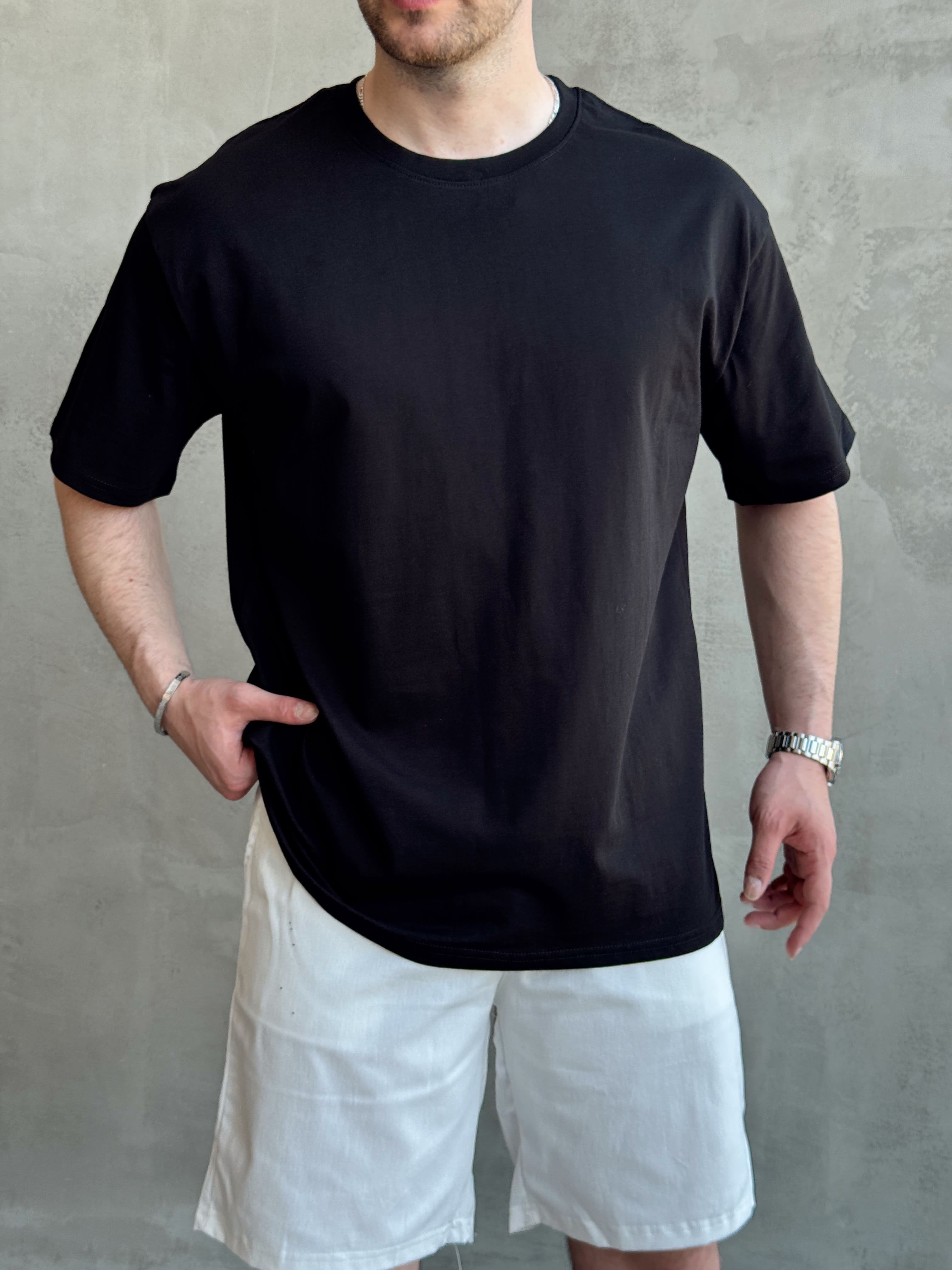 Erkek En Trend Oversize Kalıp Bisiklet Yaka Basic T-Shirt-Siyah(E1758)Ketench