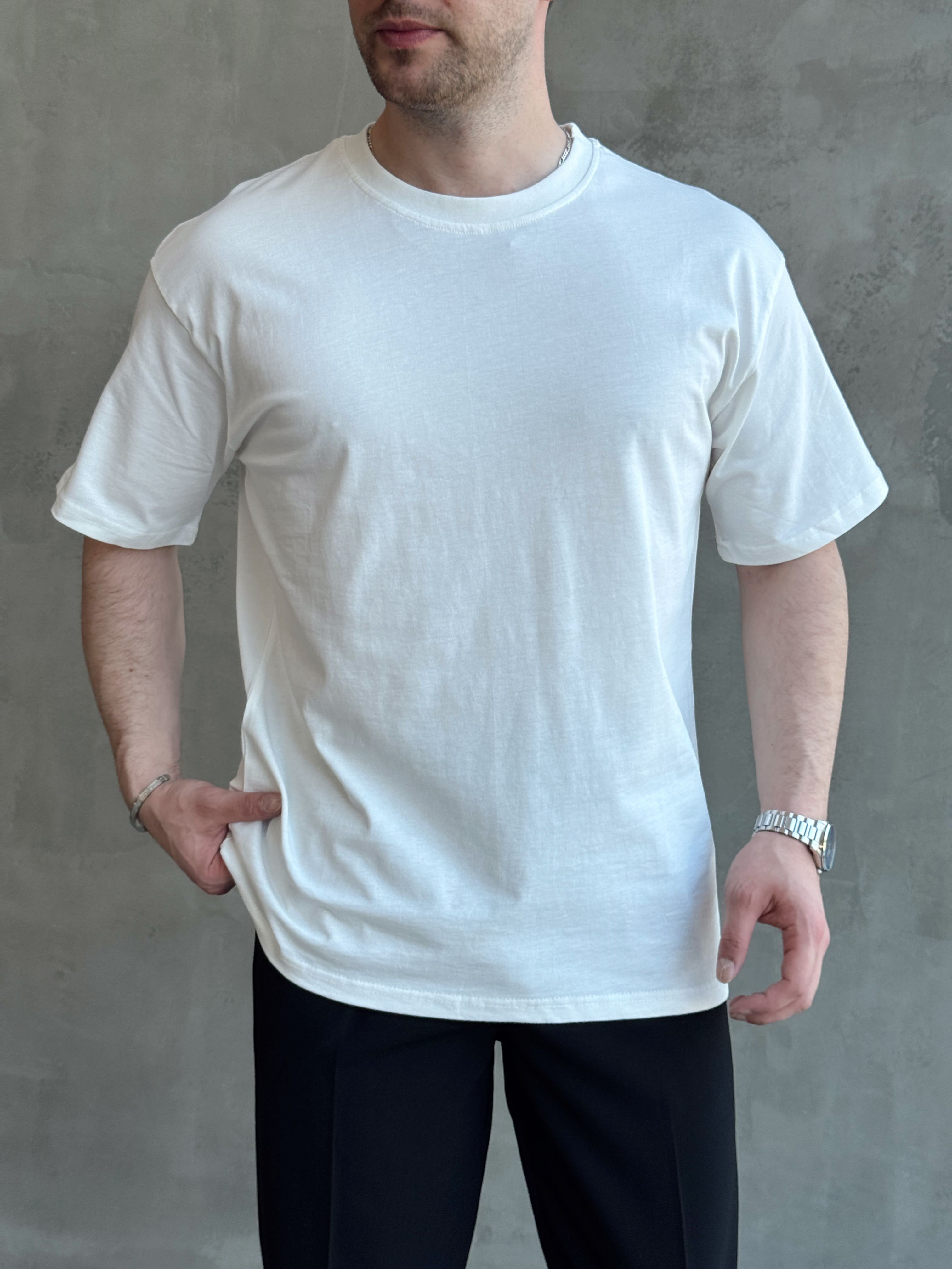 Erkek En Trend Oversize Kalıp Bisiklet Yaka Basic T-Shirt-Beyaz(E1758)Ketench