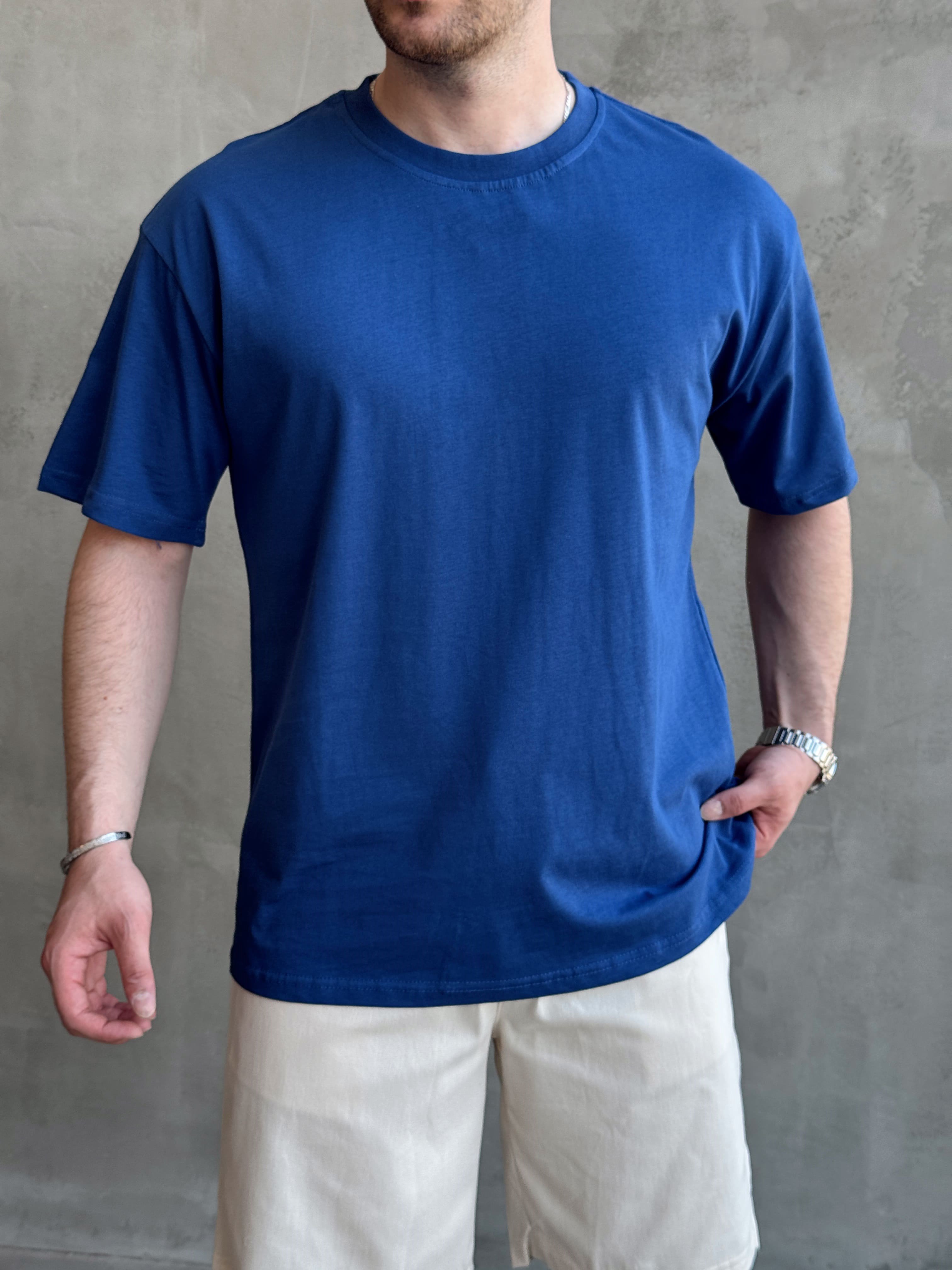 Erkek En Trend Oversize Kalıp Bisiklet Yaka Basic T-Shirt-Mavi(E1758)Ketench
