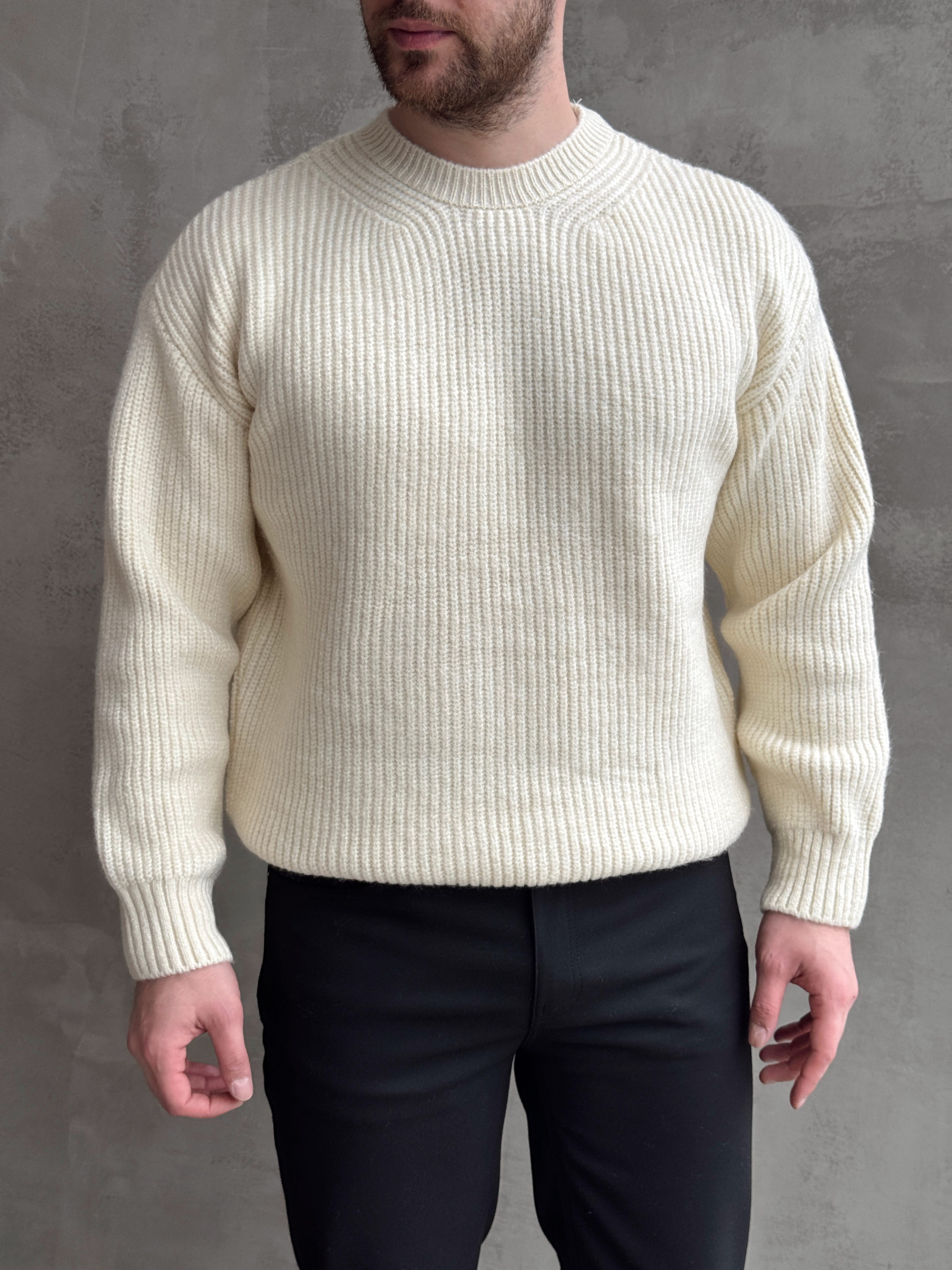 Erkek Favori Model Oversize Kalıp Brazilian Örgü Yüksek Gramajlı Bisiklet Yaka Triko Kazak-Ekru(E1895)Ketench