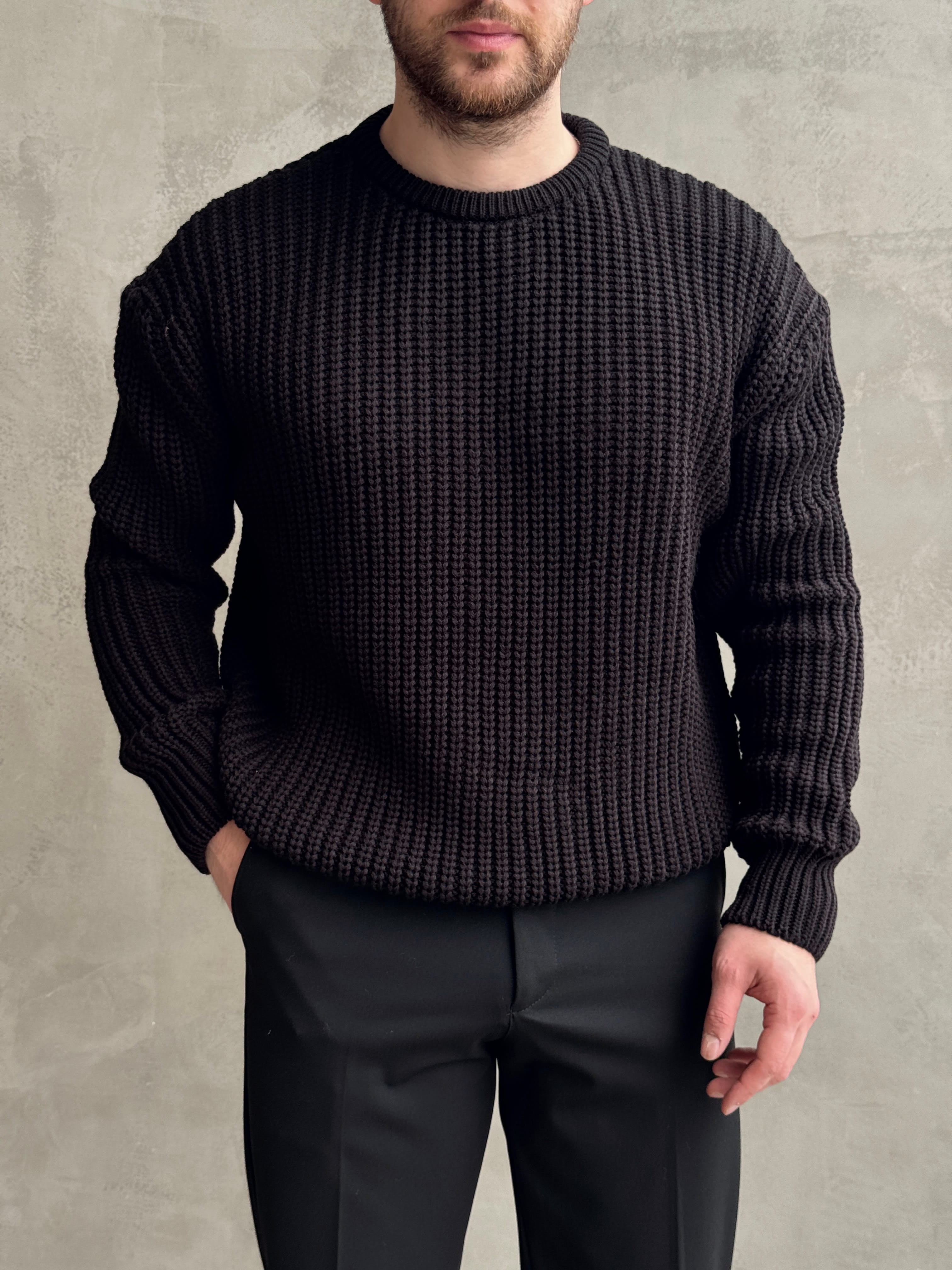 Erkek Favori Model Oversize Kalıp Relax Orgü Bisiklet Yaka Triko Kazak-Siyah(E1894)Ketench