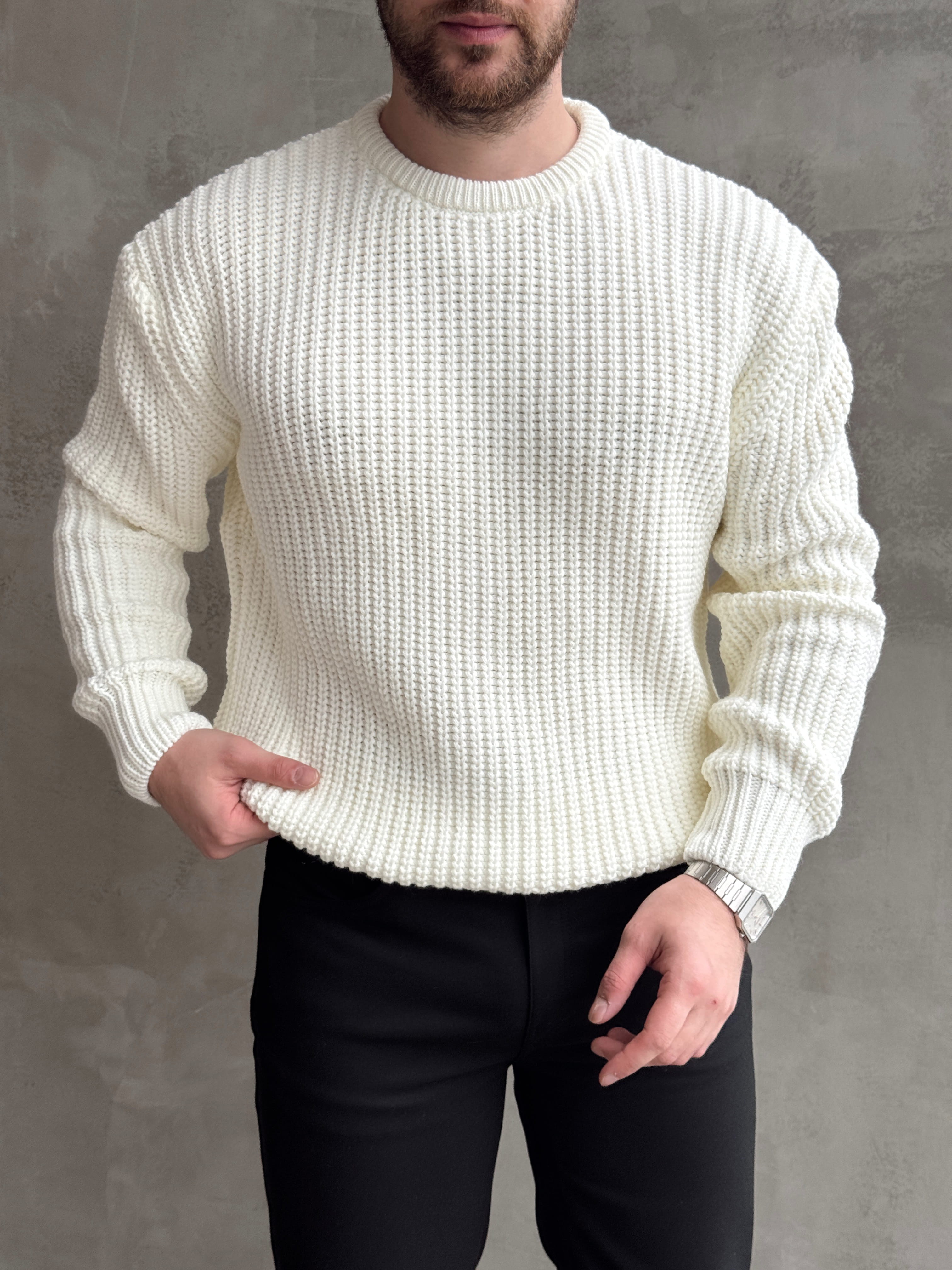 Erkek Favori Model Oversize Kalıp Relax Orgü Bisiklet Yaka Triko Kazak-Ekru(E1894)Ketench
