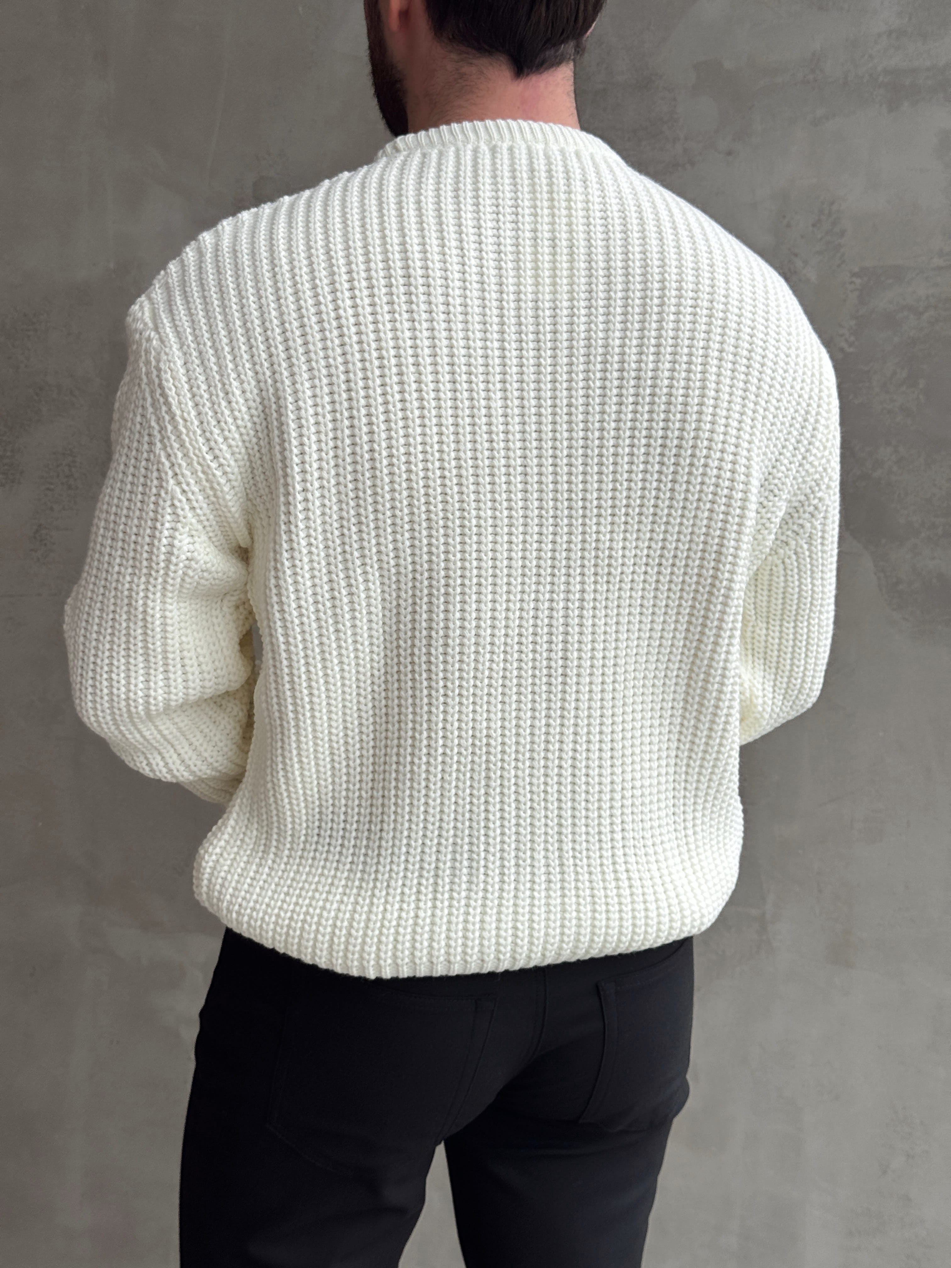 Erkek Favori Model Oversize Kalıp Relax Orgü Bisiklet Yaka Triko Kazak-Ekru(E1894)Ketench