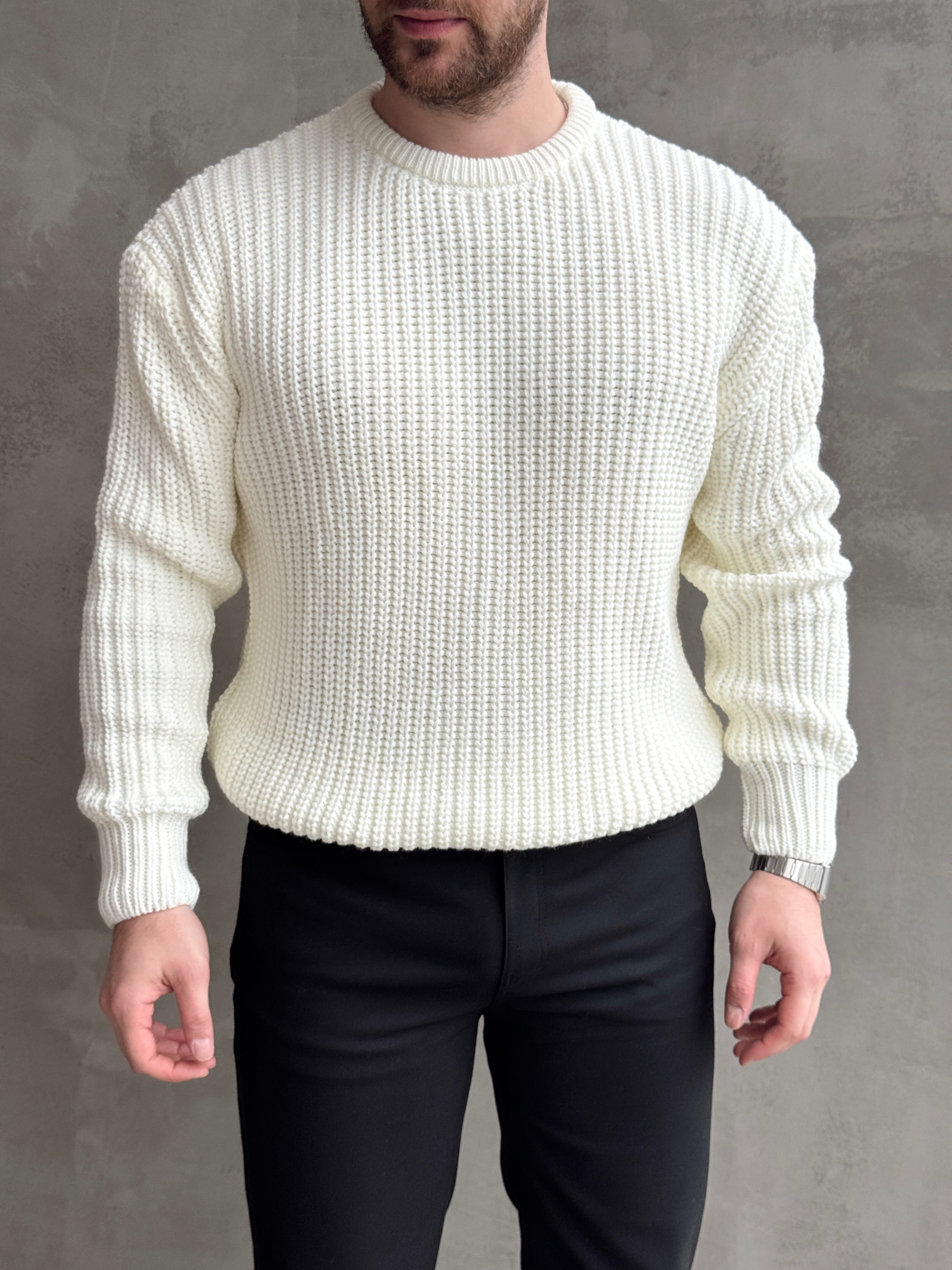 Erkek Favori Model Oversize Kalıp Relax Orgü Bisiklet Yaka Triko Kazak-Ekru(E1894)Ketench
