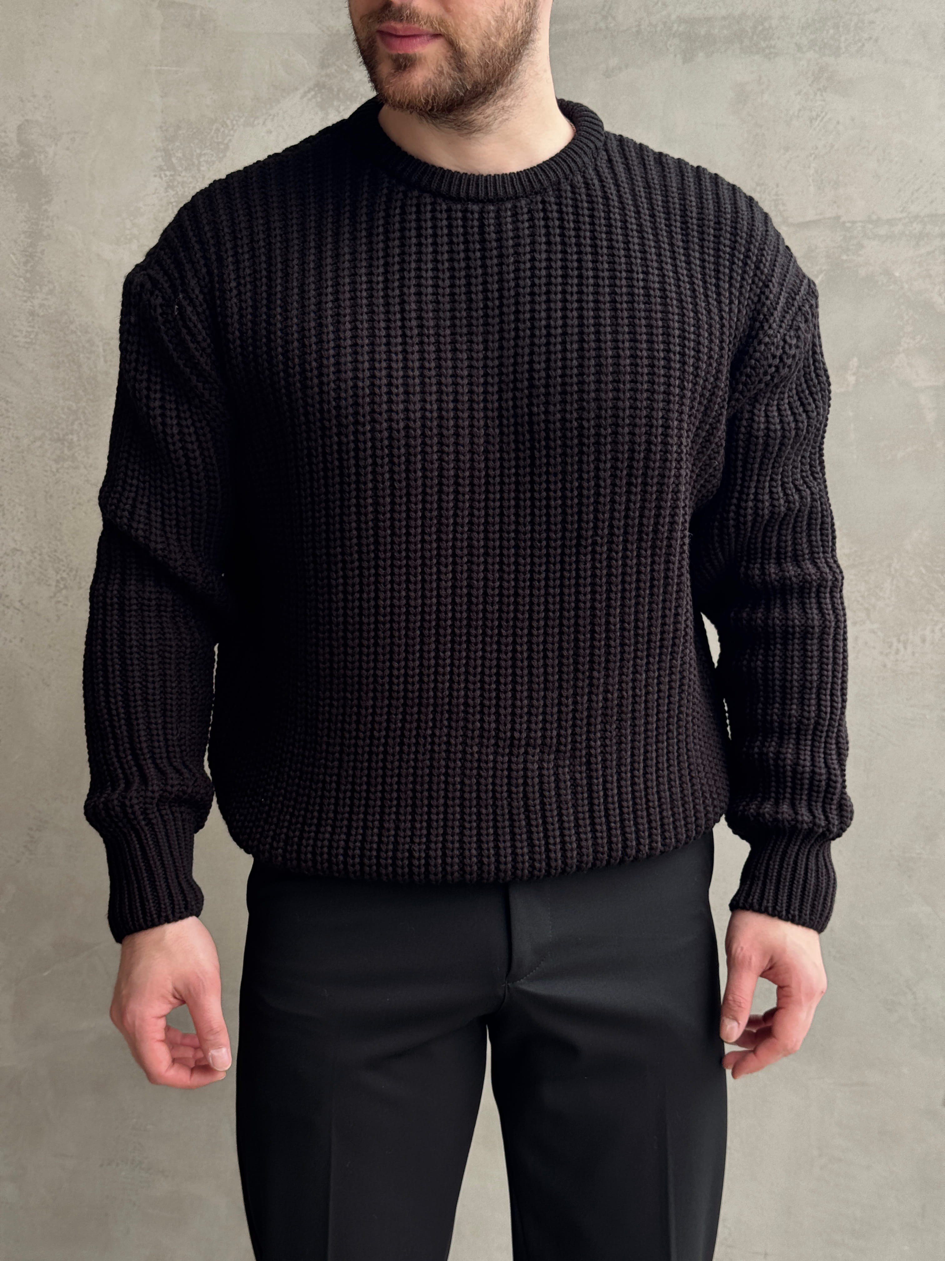 Erkek Favori Model Oversize Kalıp Relax Orgü Bisiklet Yaka Triko Kazak-Siyah(E1894)Ketench