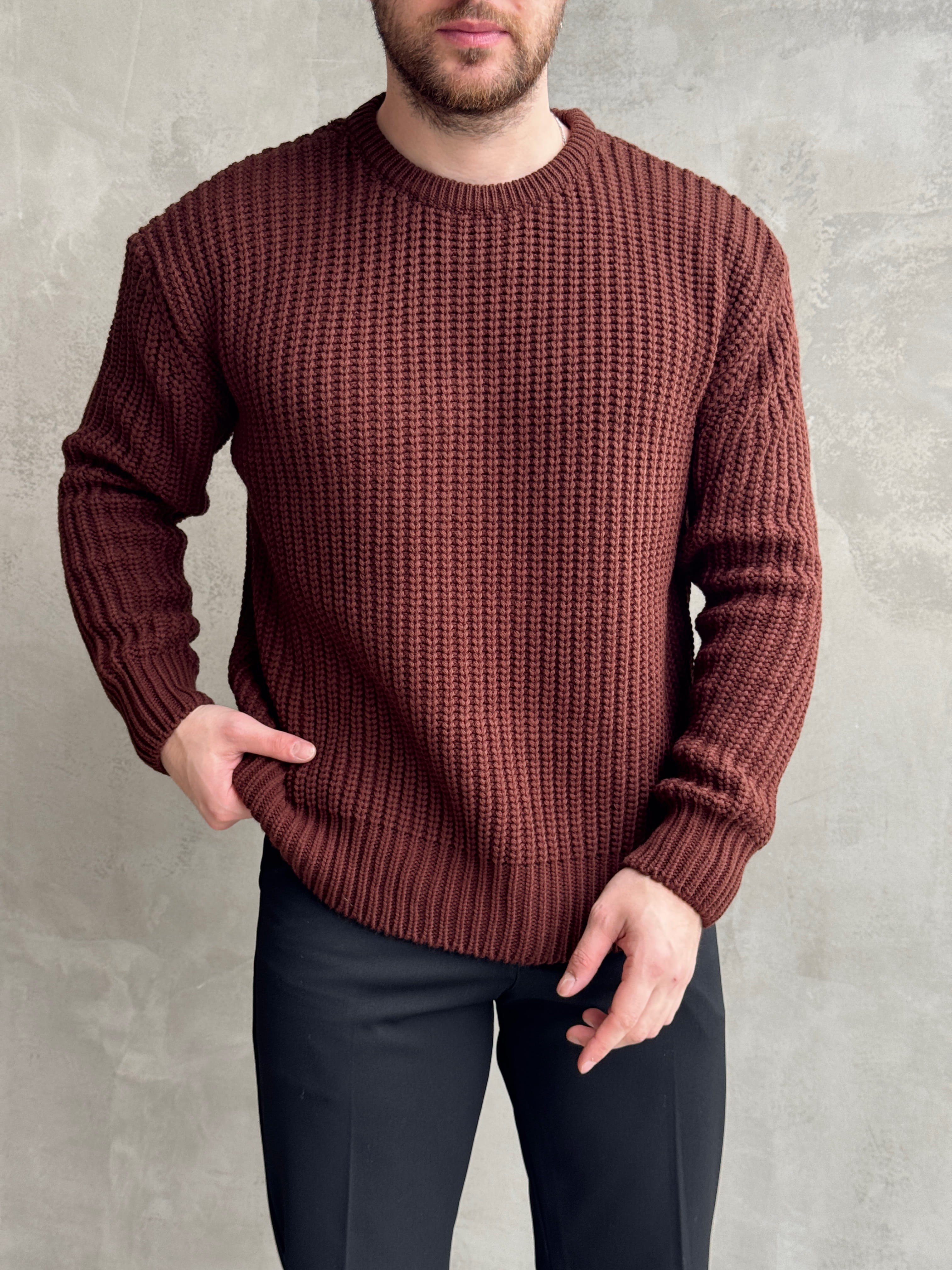 Erkek Favori Model Oversize Kalıp Relax Orgü Bisiklet Yaka Triko Kazak-Kahverengi(E1894)Ketench