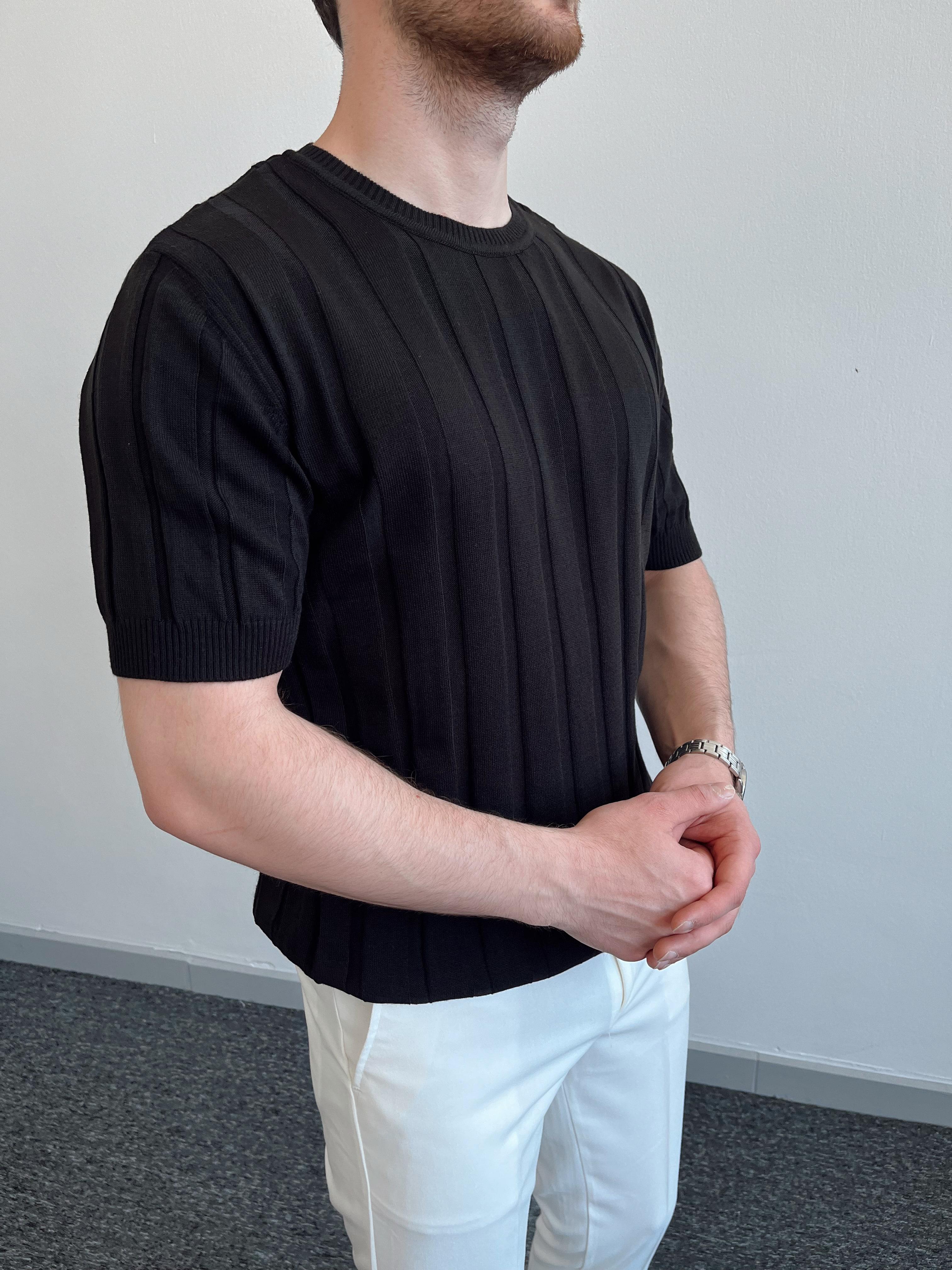 Erkek Fit Bisiklet Yaka Fitilli Triko T-Shirt-Siyah(E1073)Ketench