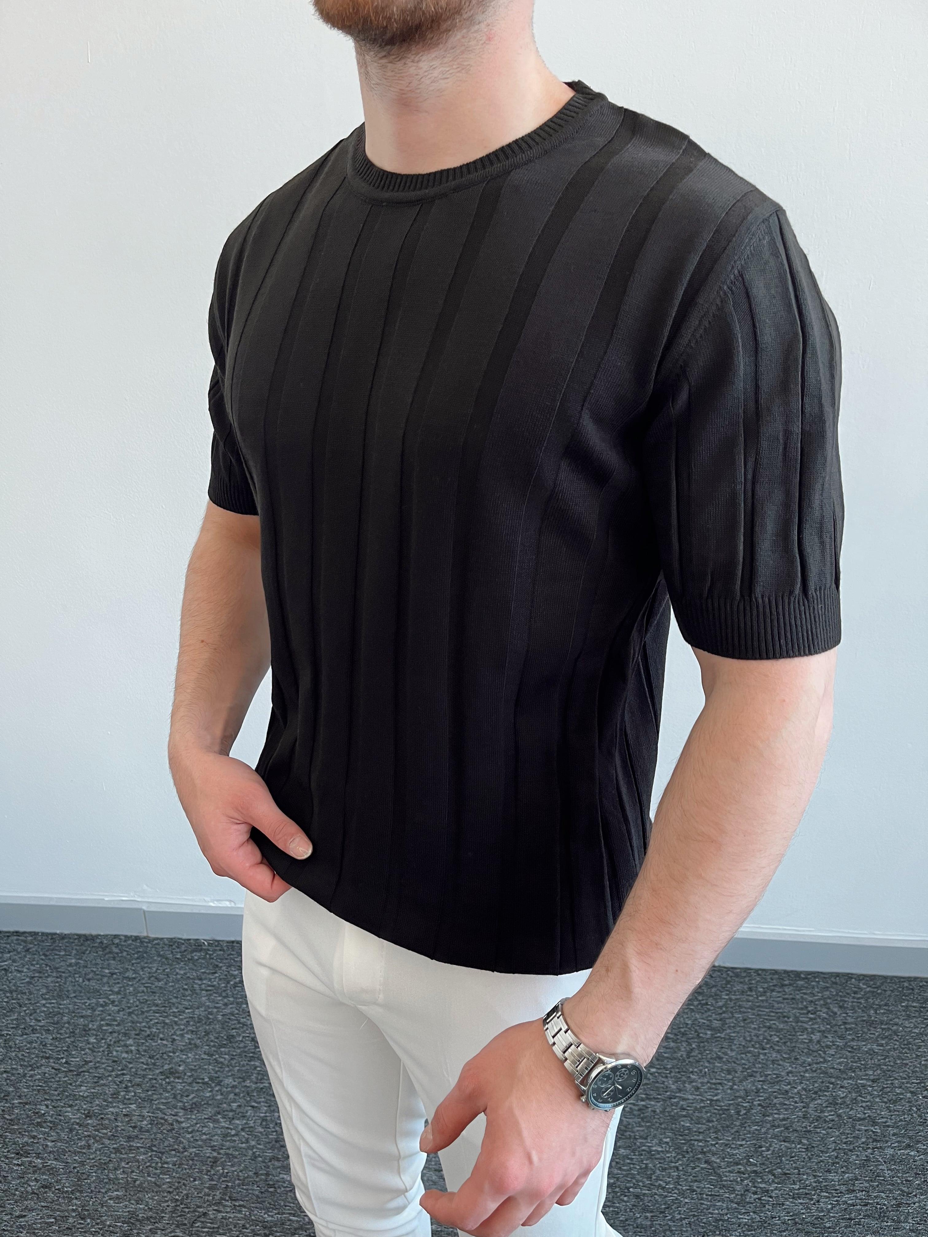 Erkek Fit Bisiklet Yaka Fitilli Triko T-Shirt-Siyah(E1073)Ketench