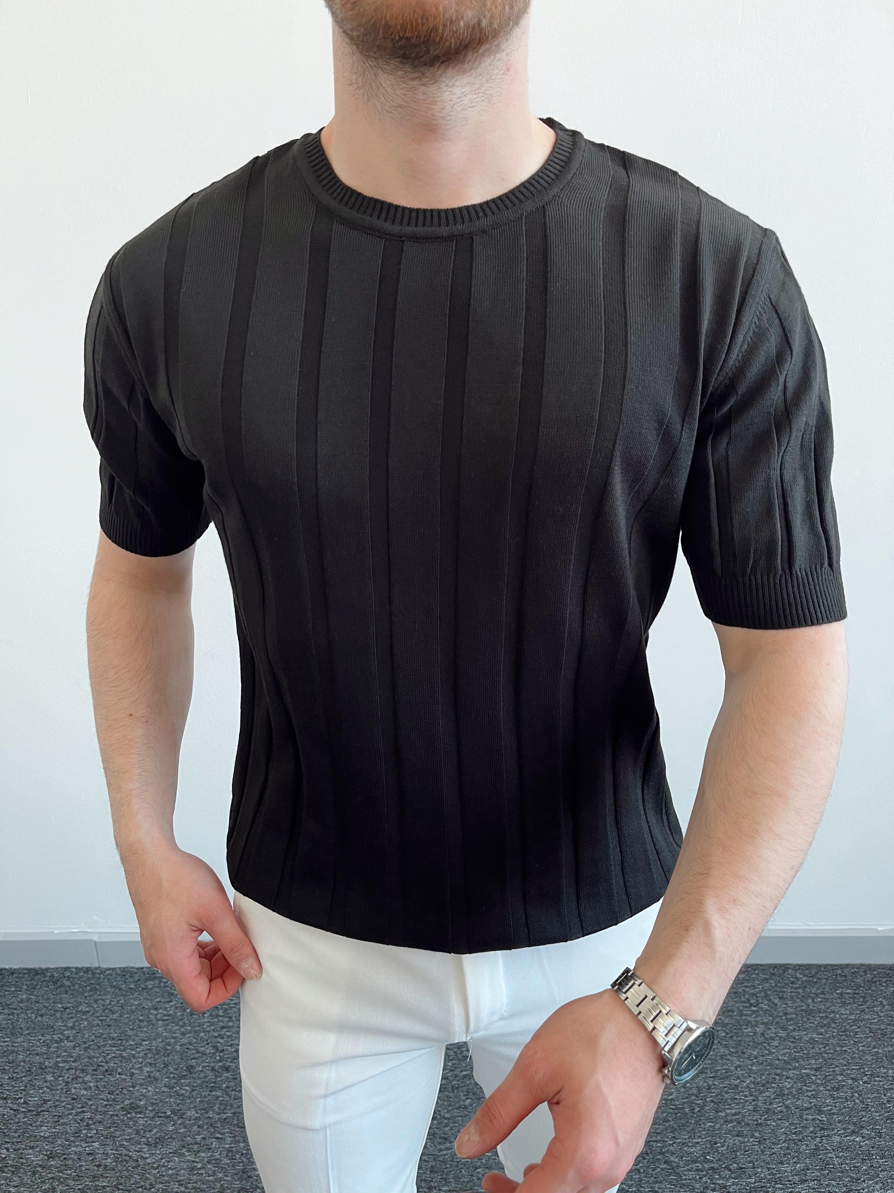 Erkek Fit Bisiklet Yaka Fitilli Triko T-Shirt-Siyah(E1073)Ketench