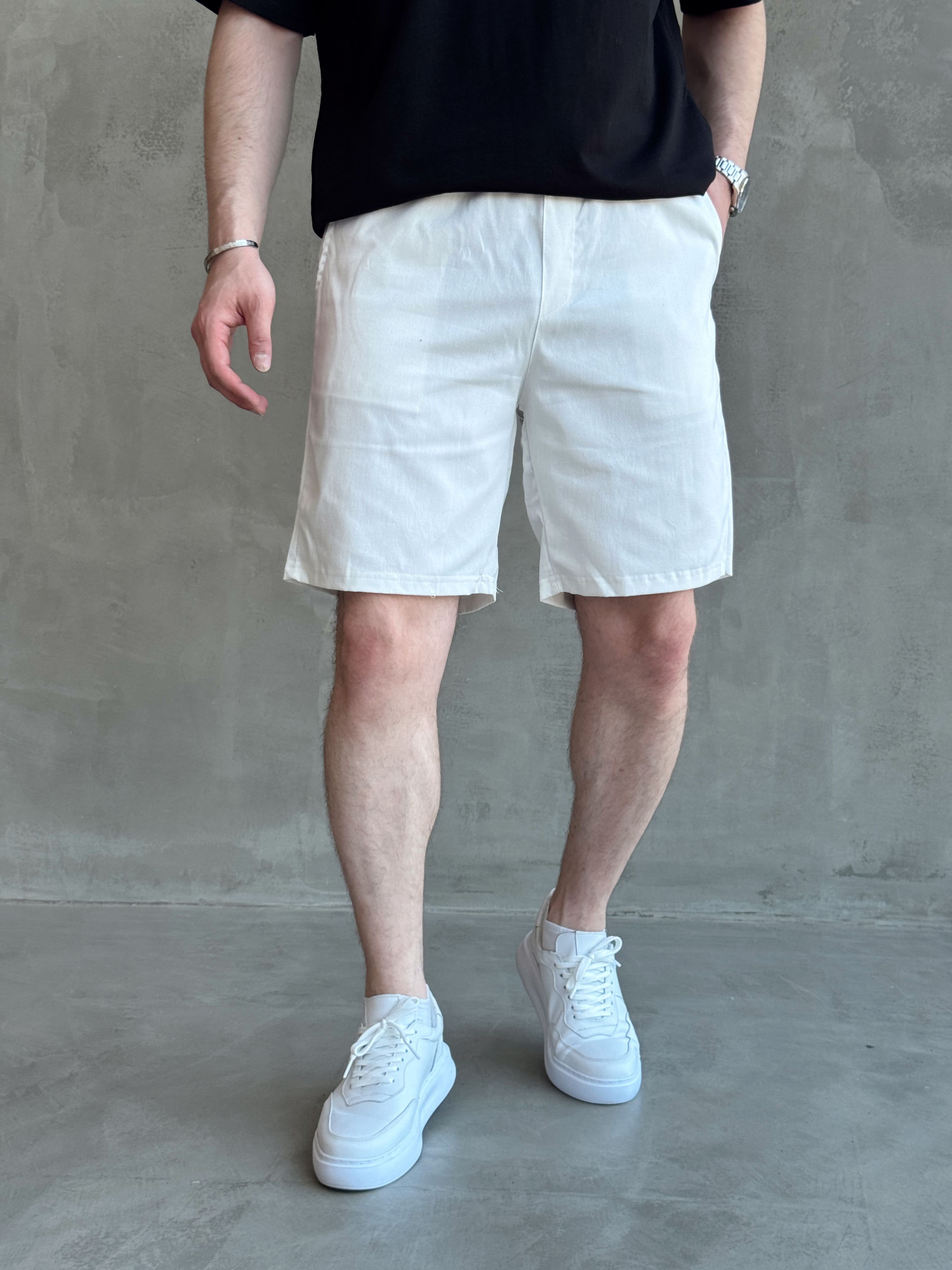 Erkek Günlük Kullanım Beli Lastik Detay Gabardin Kumaş Şort-Beyaz(E1755)Ketench