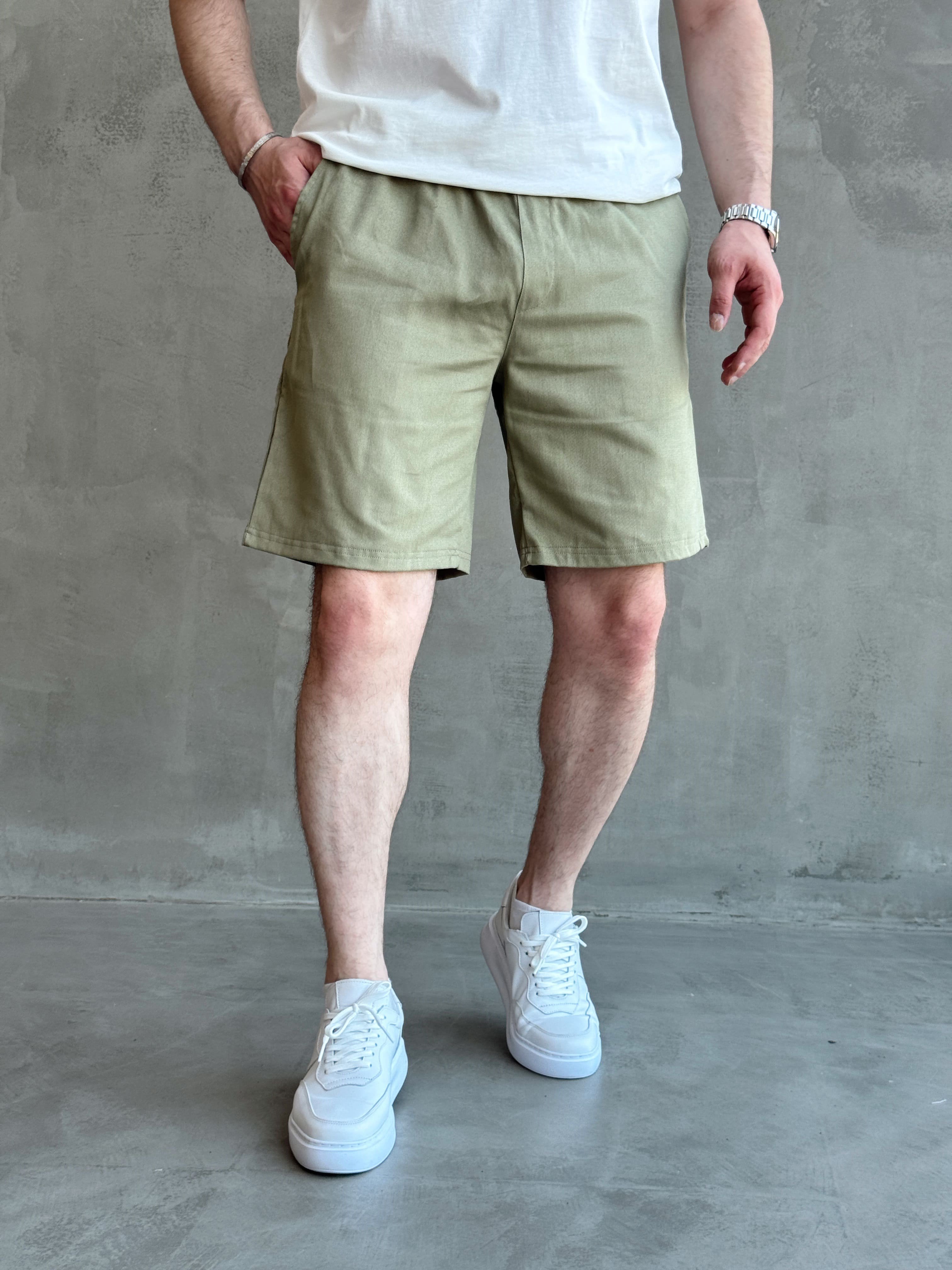 Erkek Günlük Kullanım Beli Lastik Detay Gabardin Kumaş Şort-Haki(E1755)Ketench