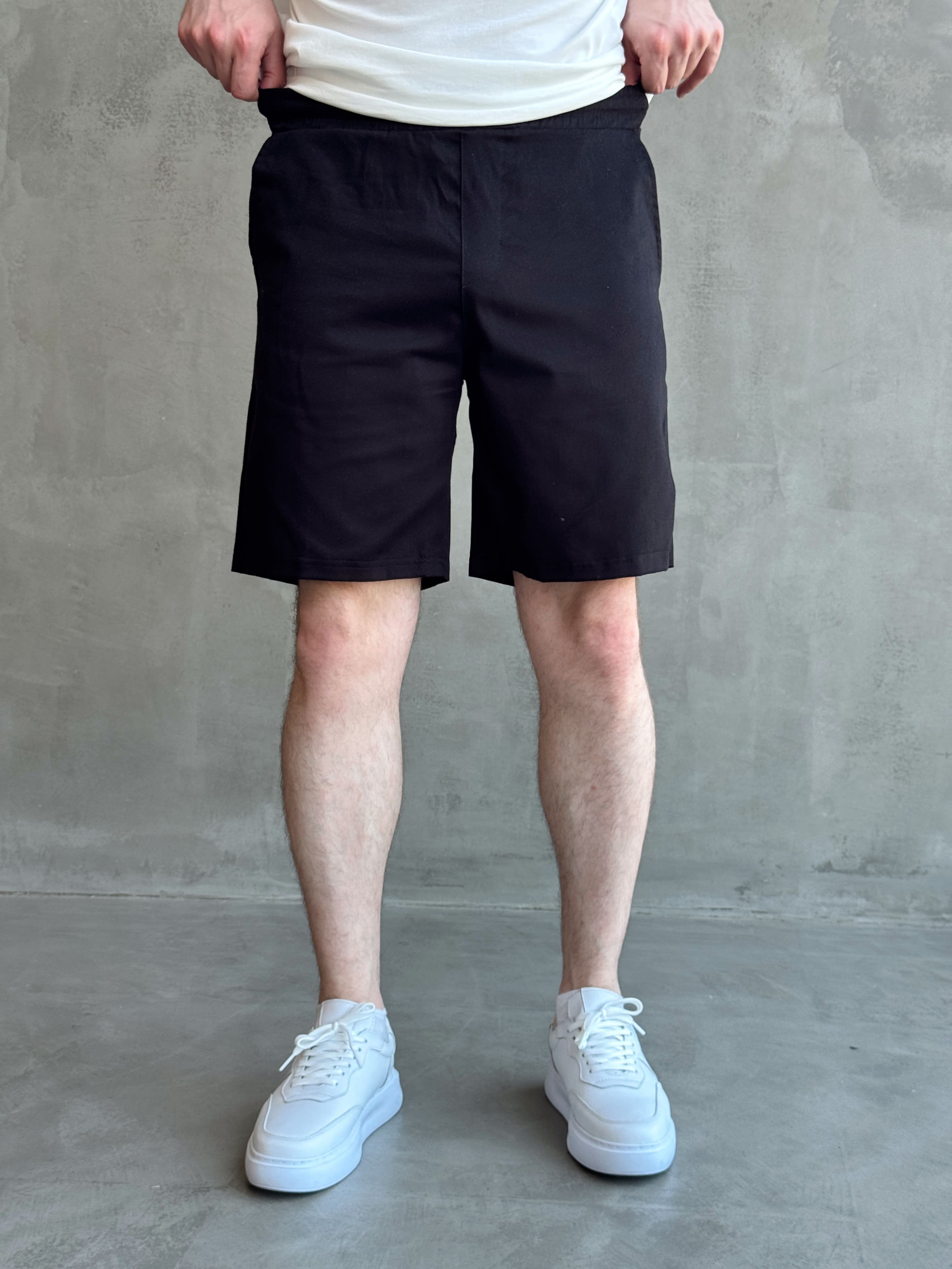Erkek Günlük Kullanım Beli Lastik Detay Gabardin Kumaş Şort-Siyah(E1755)Ketench