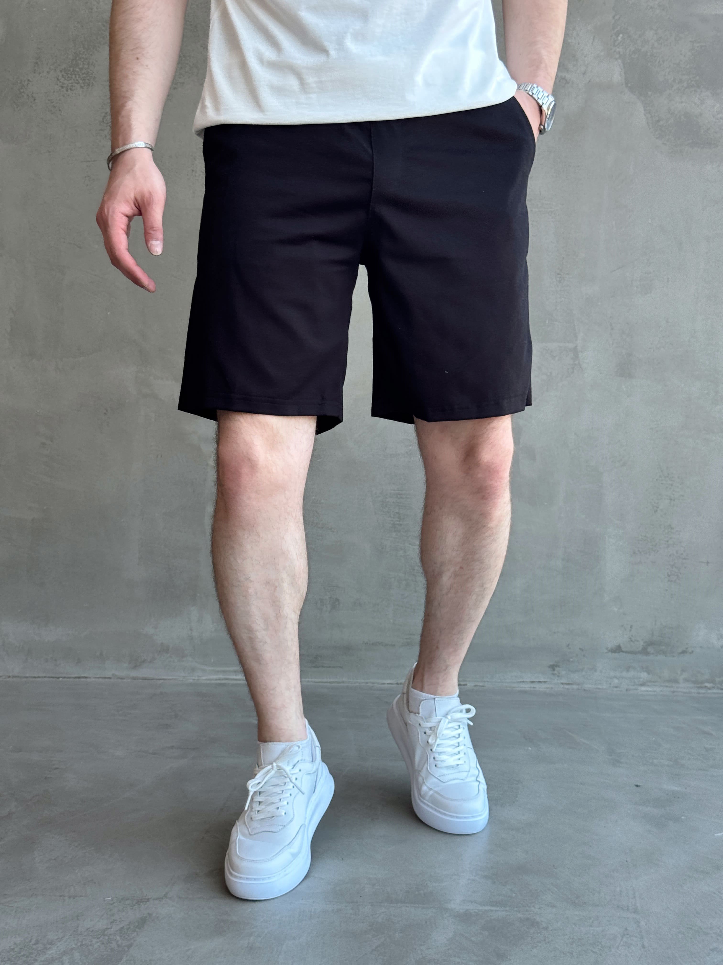 Erkek Günlük Kullanım Beli Lastik Detay Gabardin Kumaş Şort-Siyah(E1755)Ketench