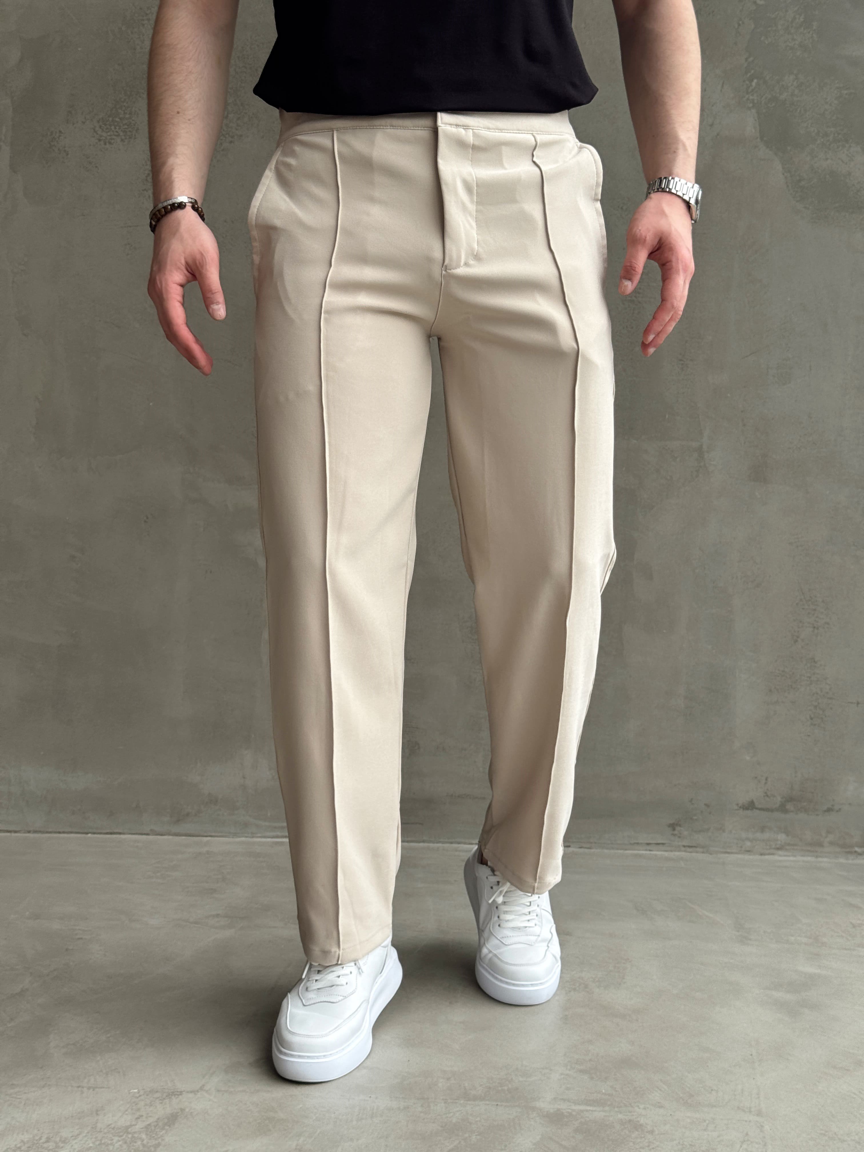 Erkek Günlük Kullanım Beli Lastikli Çima Detaylı Baggy Kalıp Kumaş Pantolon-Bej(E1754)Ketench