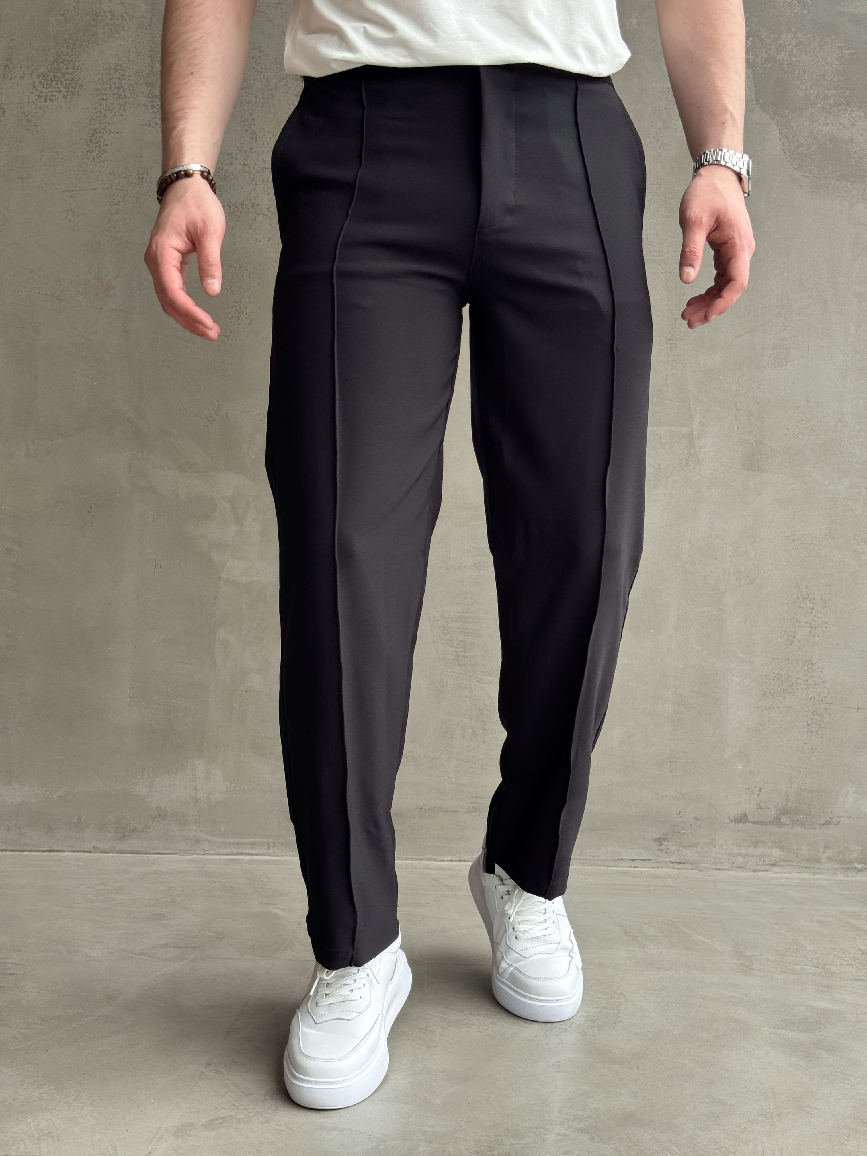 Erkek Günlük Kullanım Beli Lastikli Çima Detaylı Baggy Kalıp Kumaş Pantolon-Siyah(E1754)Ketench