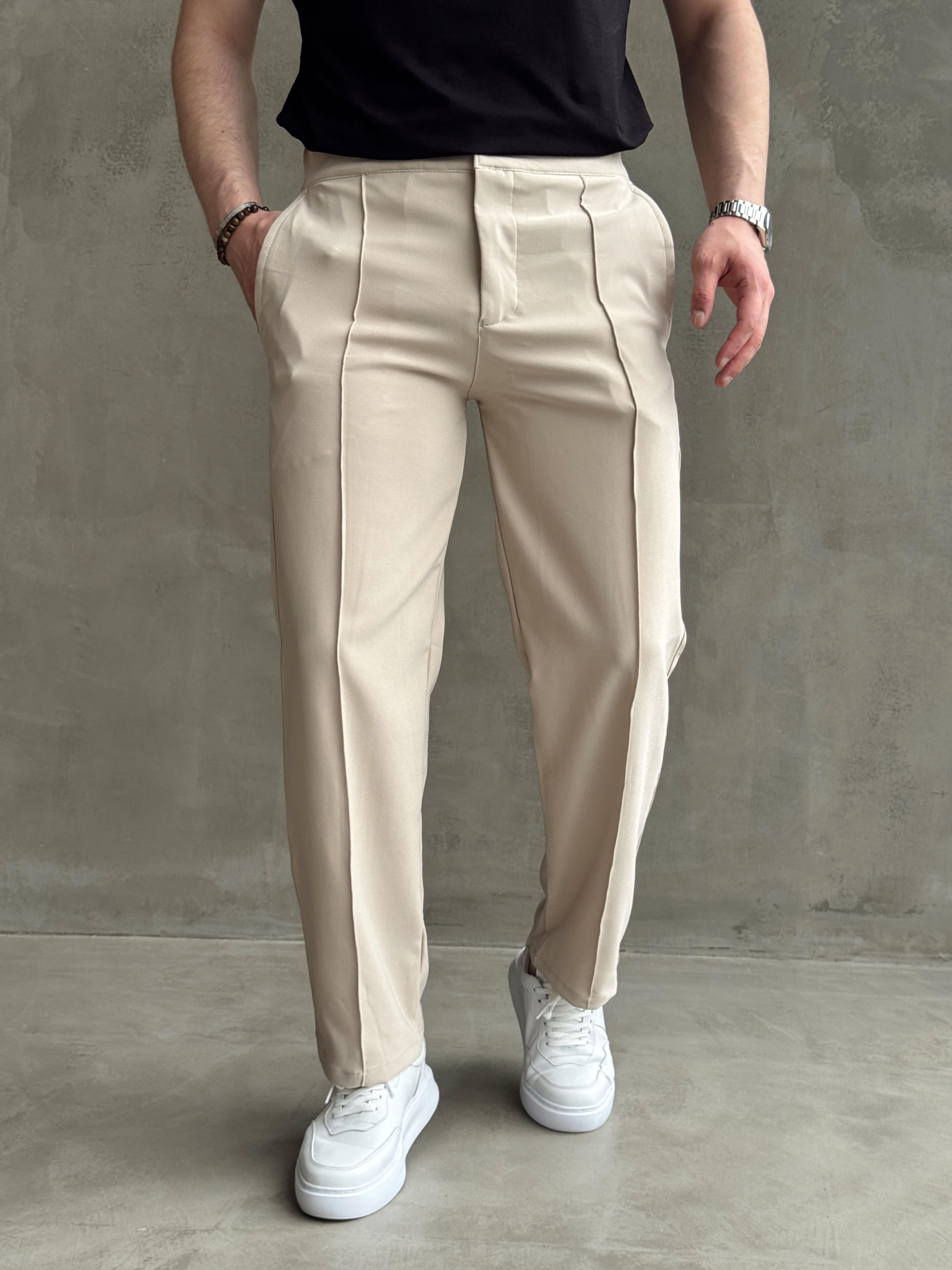 Erkek Günlük Kullanım Beli Lastikli Çima Detaylı Baggy Kalıp Kumaş Pantolon-Bej(E1754)Ketench