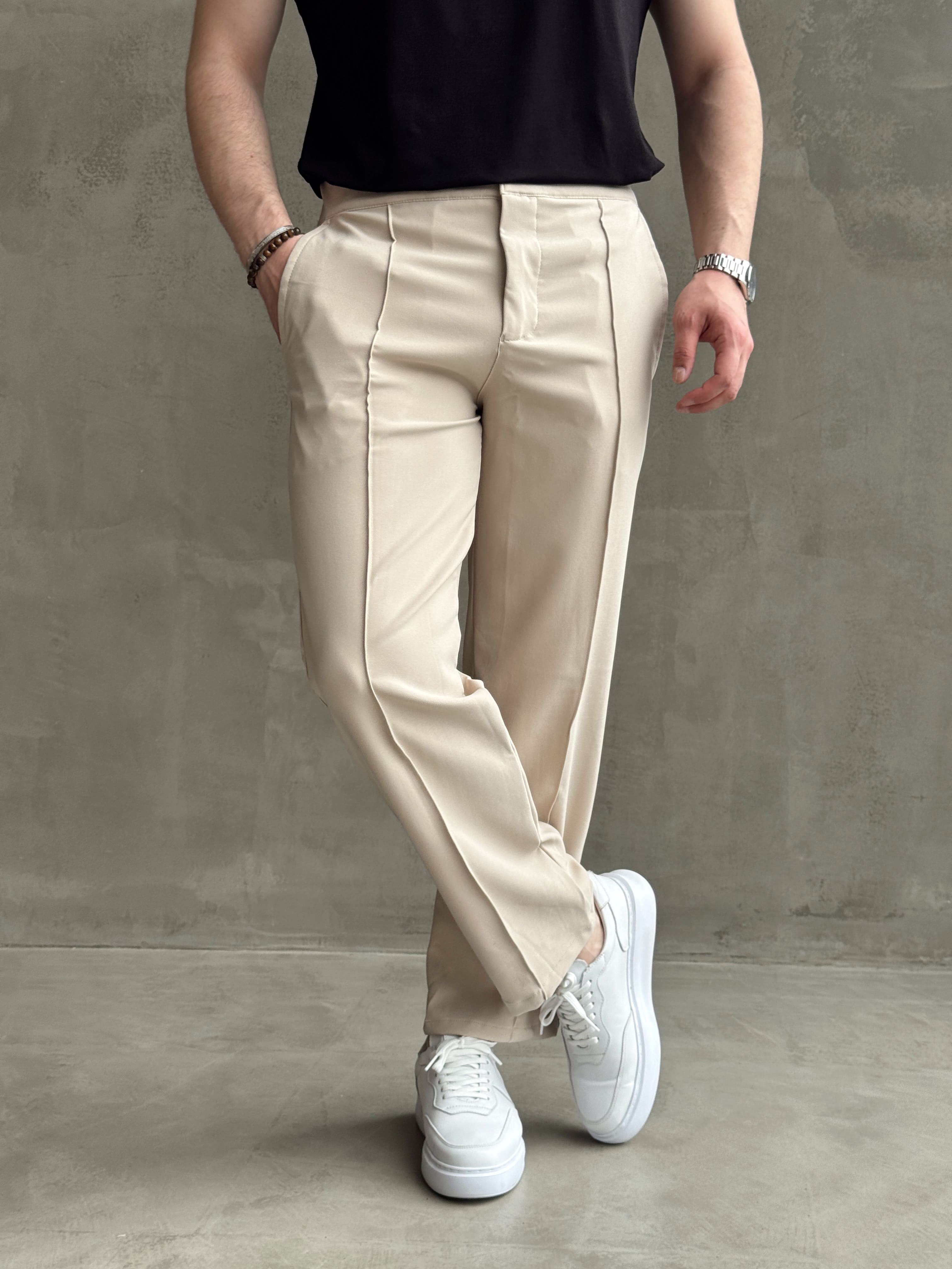 Erkek Günlük Kullanım Beli Lastikli Çima Detaylı Baggy Kalıp Kumaş Pantolon-Bej(E1754)Ketench