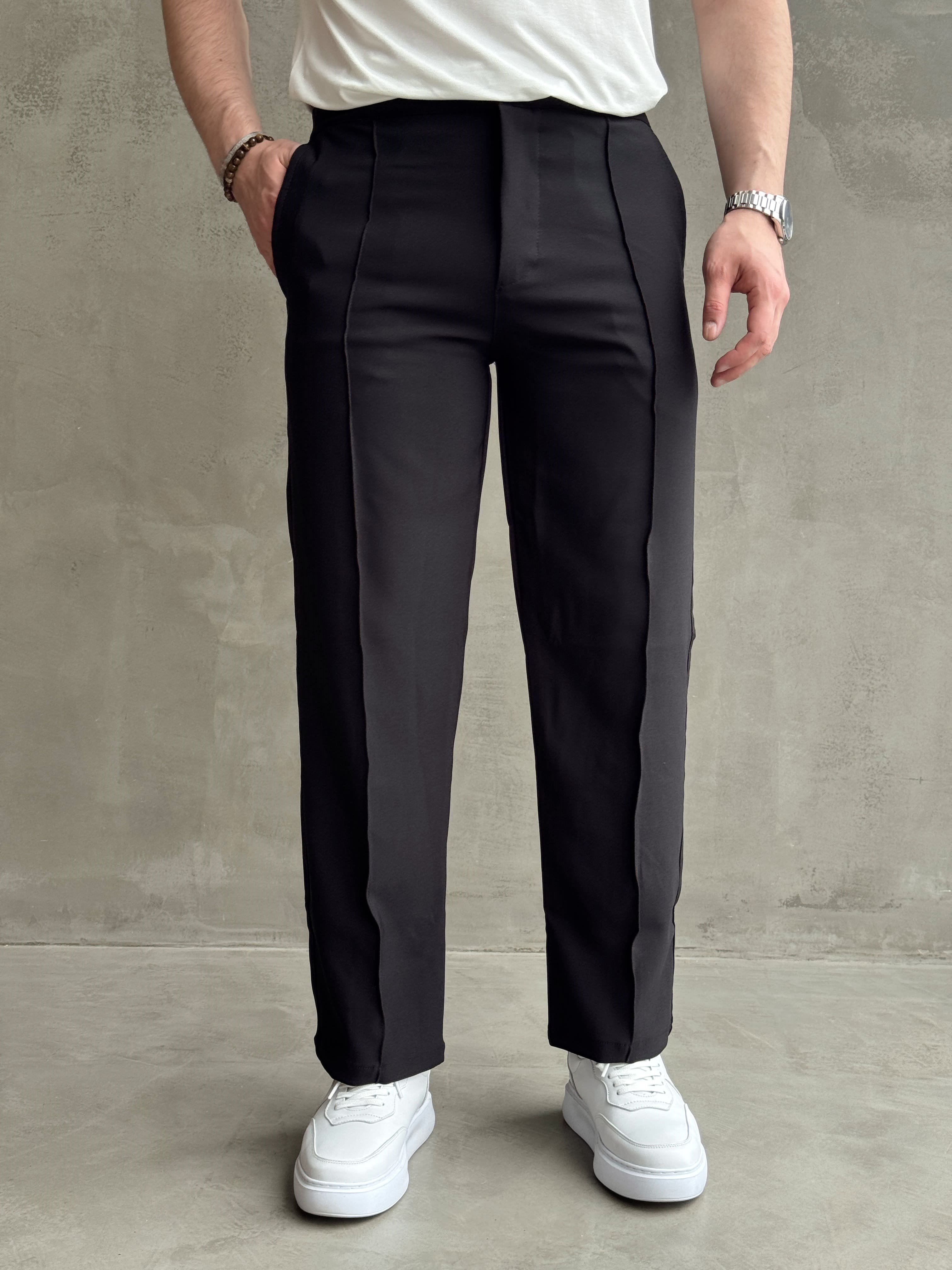 Erkek Günlük Kullanım Beli Lastikli Çima Detaylı Baggy Kalıp Kumaş Pantolon-Siyah(E1754)Ketench