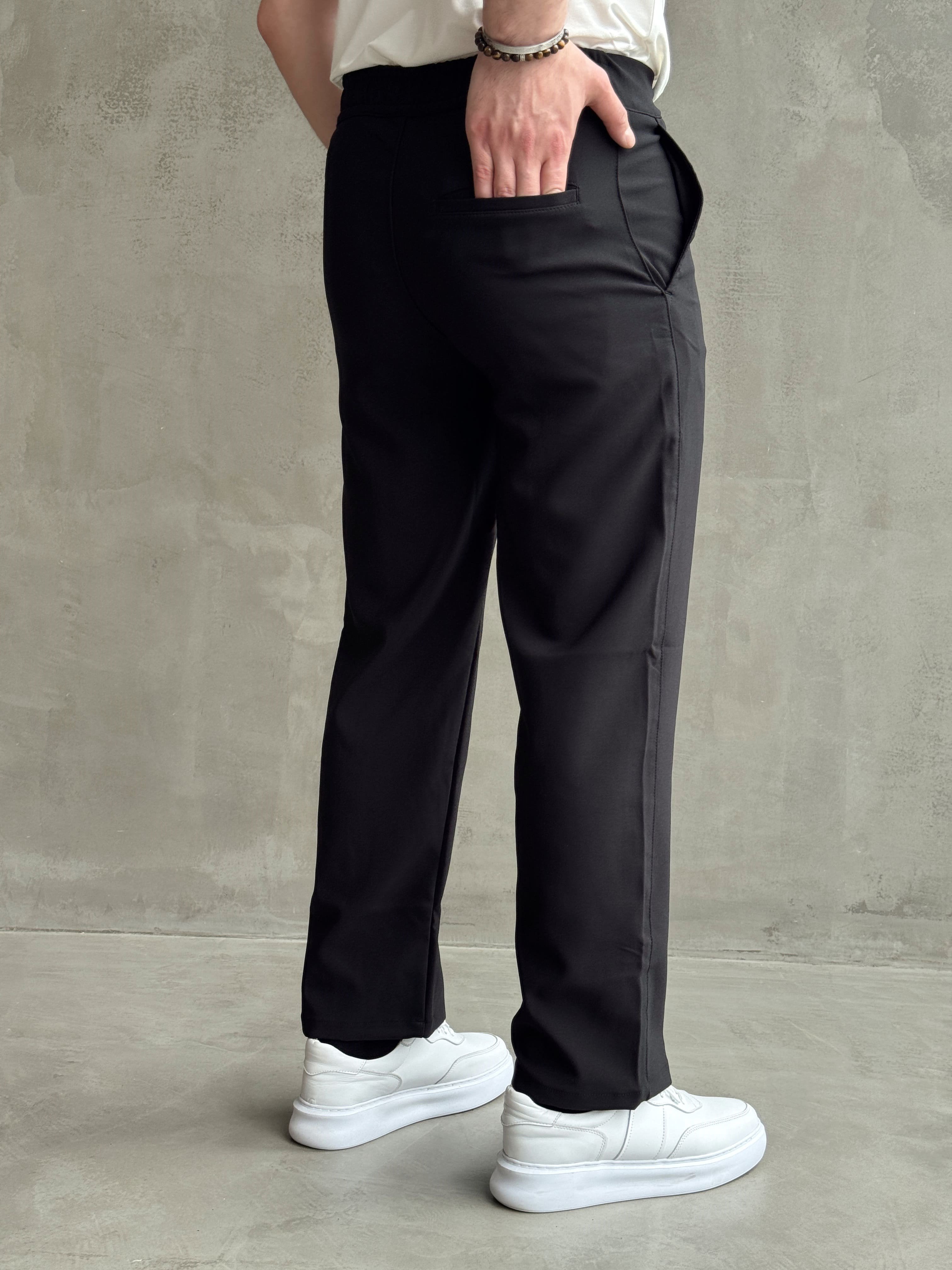 Erkek Günlük Kullanım Beli Lastikli Çima Detaylı Baggy Kalıp Kumaş Pantolon-Siyah(E1754)Ketench