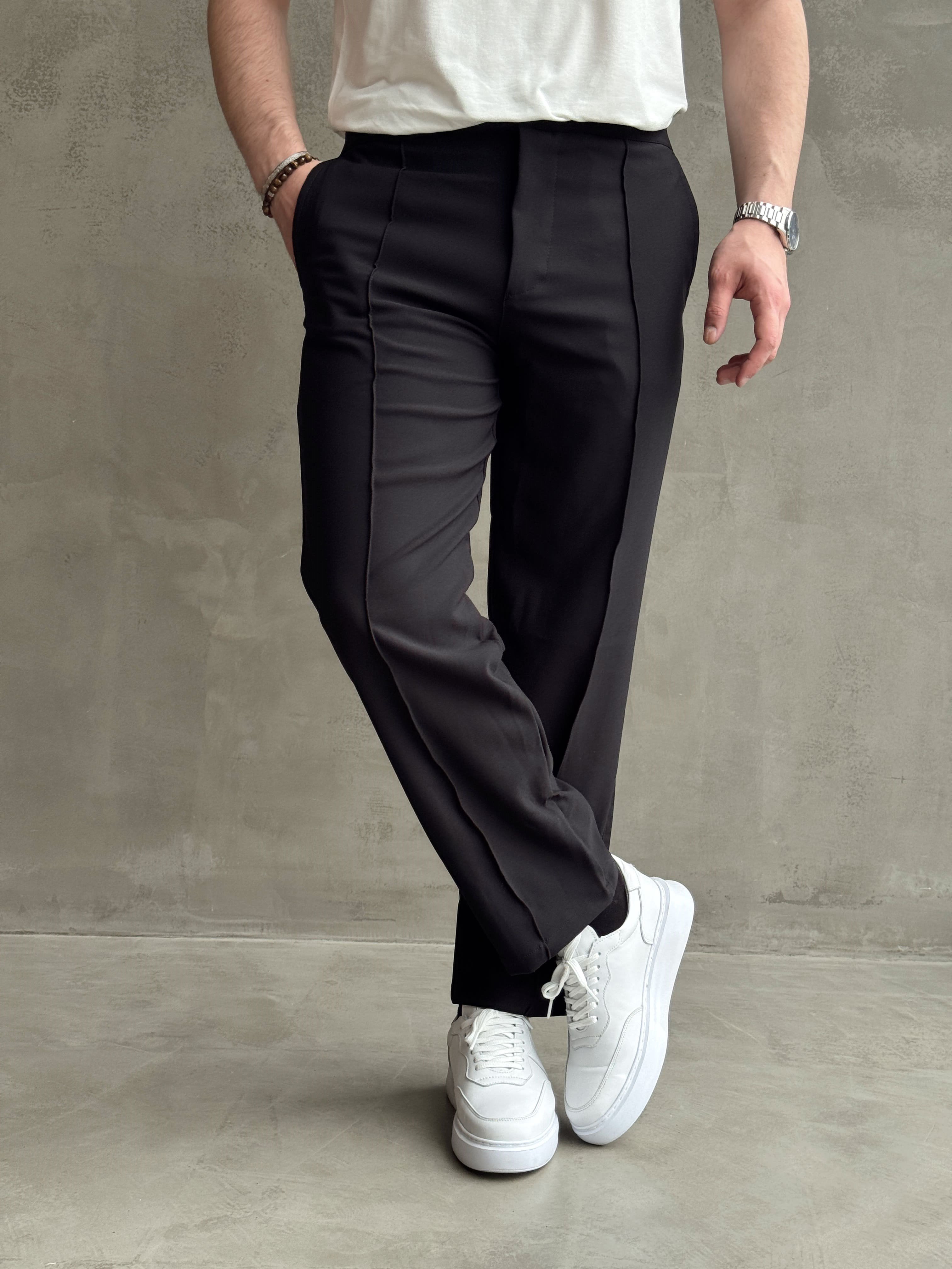 Erkek Günlük Kullanım Beli Lastikli Çima Detaylı Baggy Kalıp Kumaş Pantolon-Siyah(E1754)Ketench