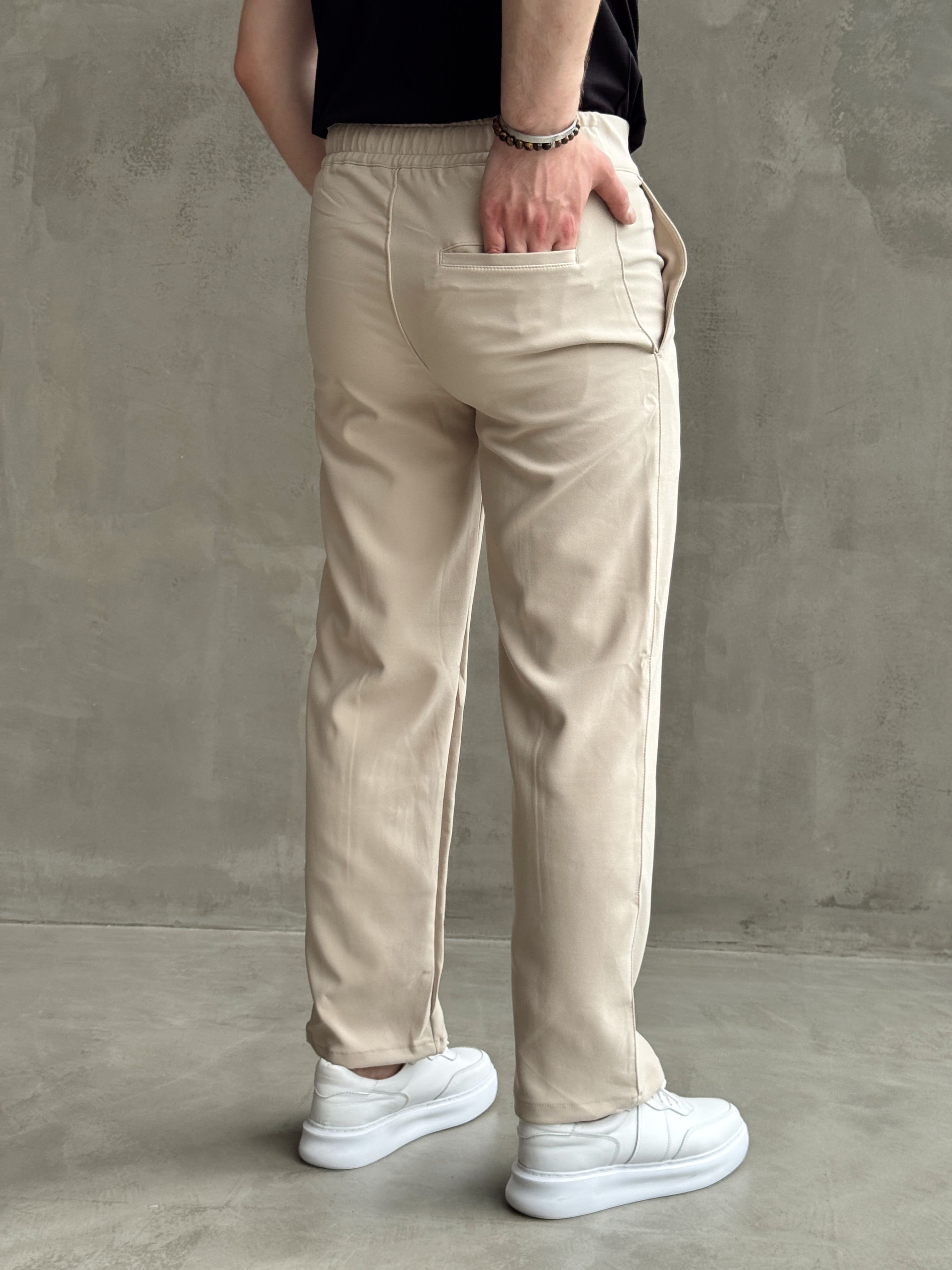 Erkek Günlük Kullanım Beli Lastikli Çima Detaylı Baggy Kalıp Kumaş Pantolon-Bej(E1754)Ketench