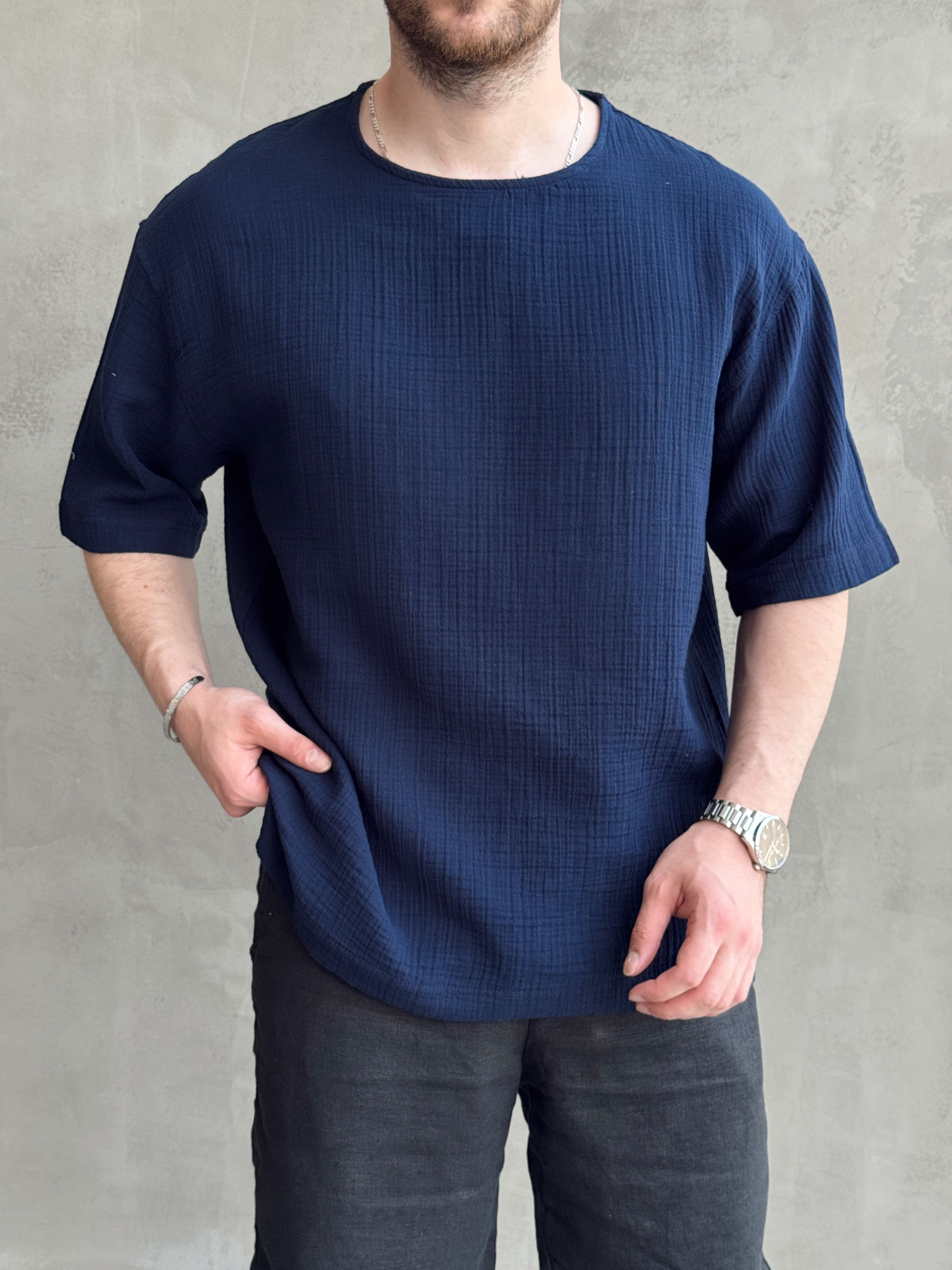 Erkek Günlük Kullanım Oversize Kalıp Muslin Kumaş Fakir Kol Basic T-Shirt-Lacivert(E1769)Ketench