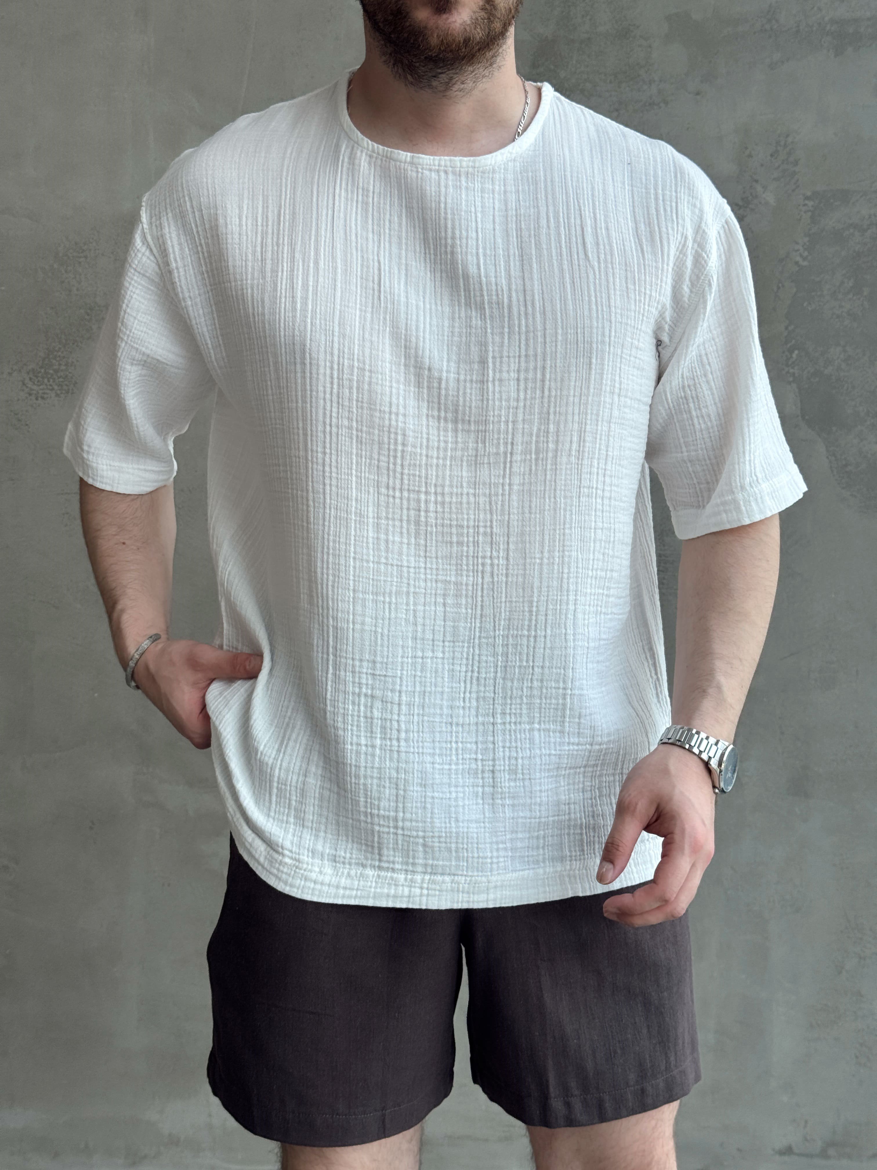 Erkek Günlük Kullanım Oversize Kalıp Muslin Kumaş Fakir Kol Basic T-Shirt-Beyaz(E1769)Ketench