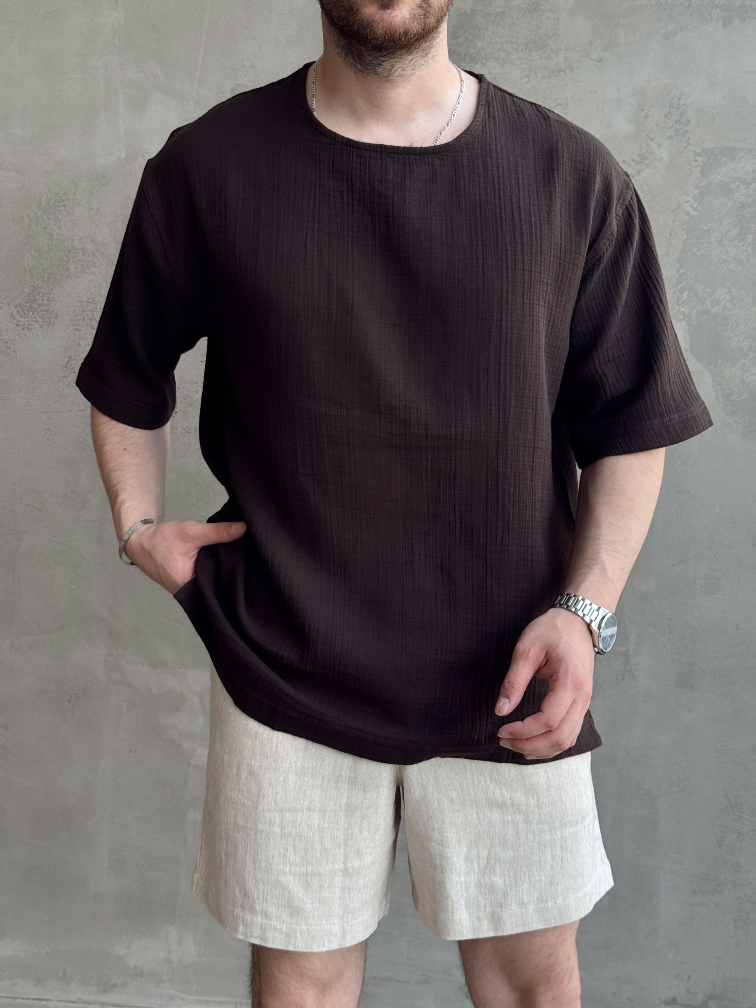 Erkek Günlük Kullanım Oversize Kalıp Muslin Kumaş Fakir Kol Basic T-Shirt-Kahverengi(E1769)Ketench