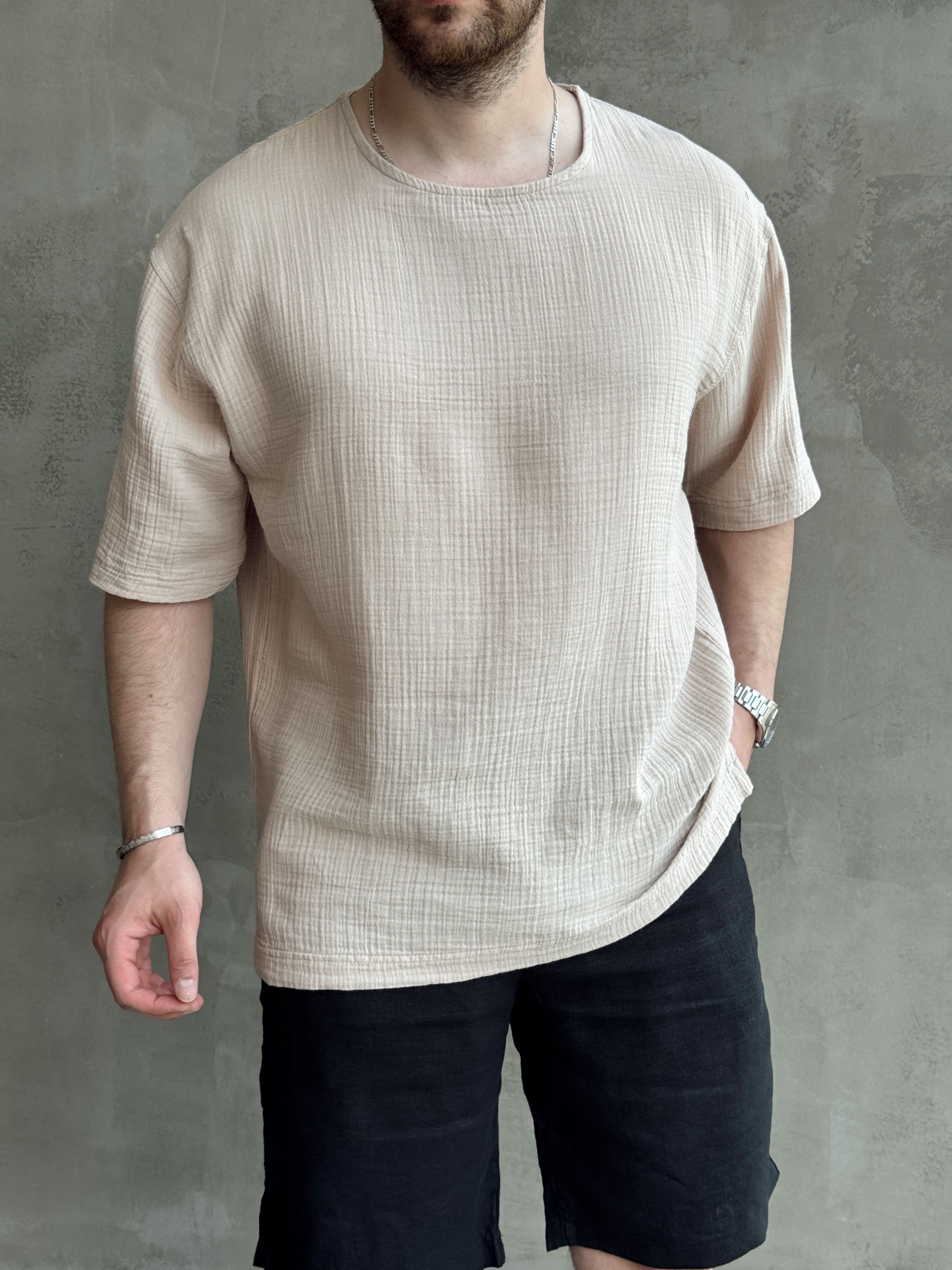 Erkek Günlük Kullanım Oversize Kalıp Muslin Kumaş Fakir Kol Basic T-Shirt-Bej(E1769)Ketench