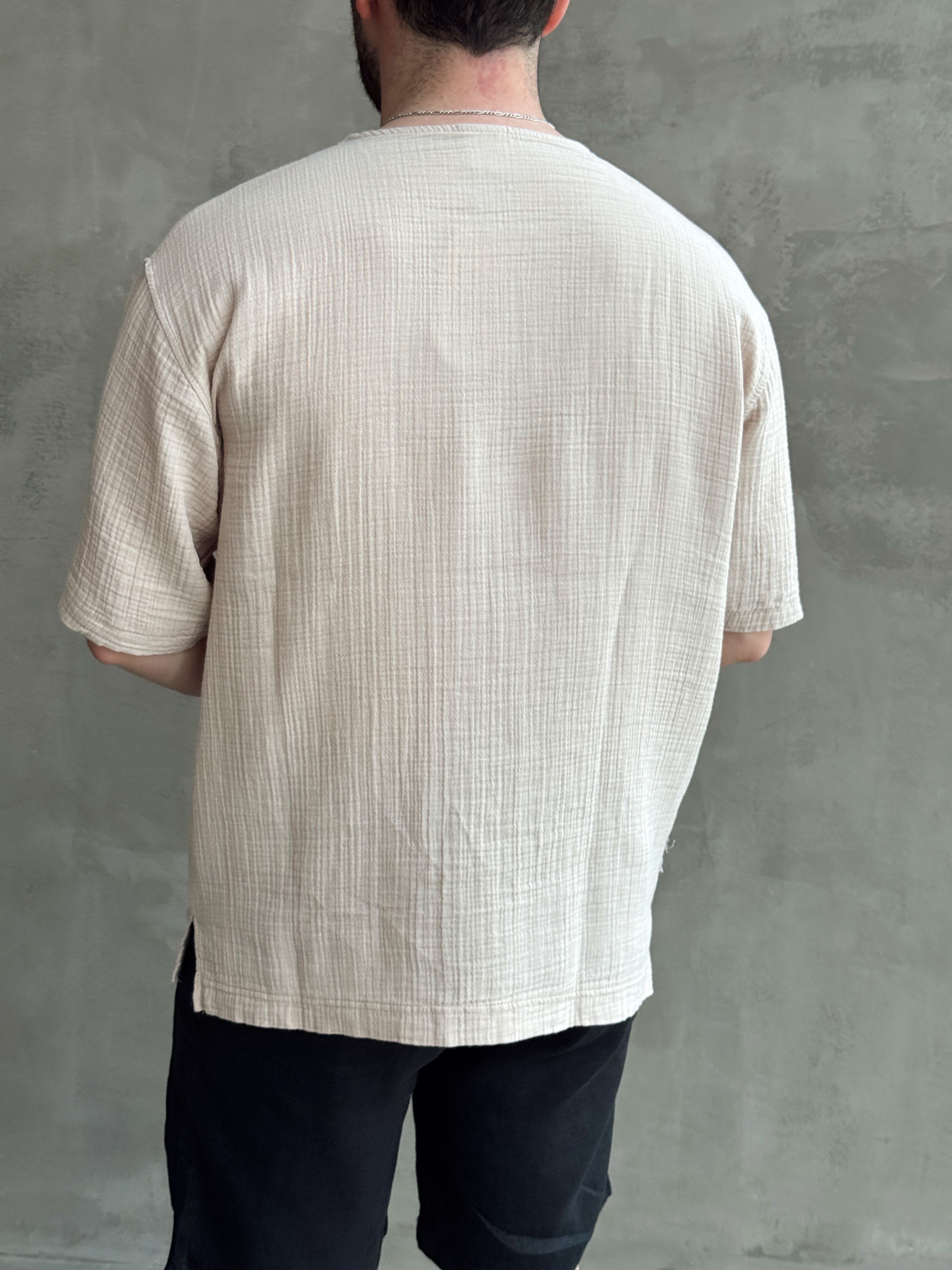 Erkek Günlük Kullanım Oversize Kalıp Muslin Kumaş Fakir Kol Basic T-Shirt-Bej(E1769)Ketench