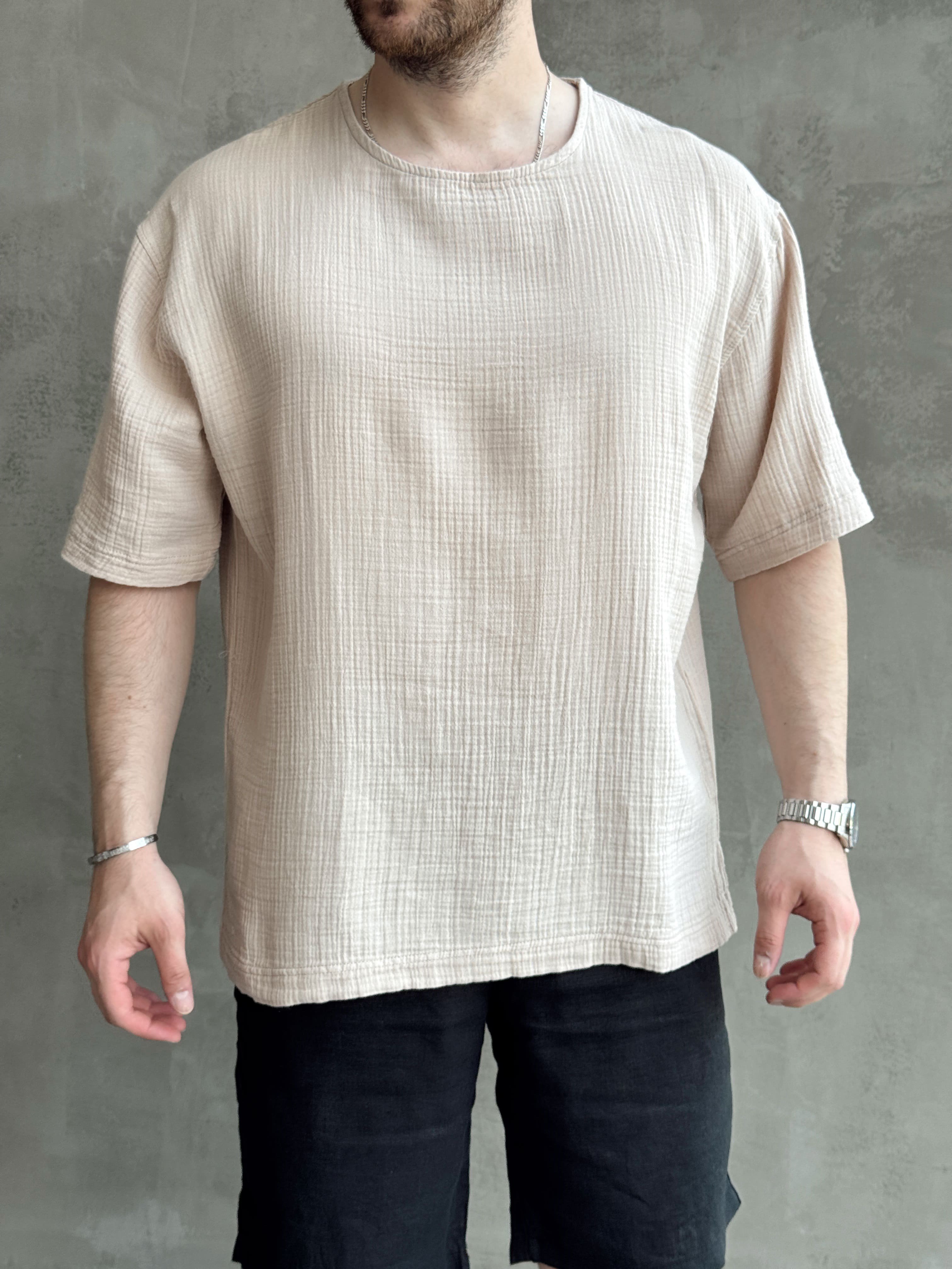 Erkek Günlük Kullanım Oversize Kalıp Muslin Kumaş Fakir Kol Basic T-Shirt-Bej(E1769)Ketench