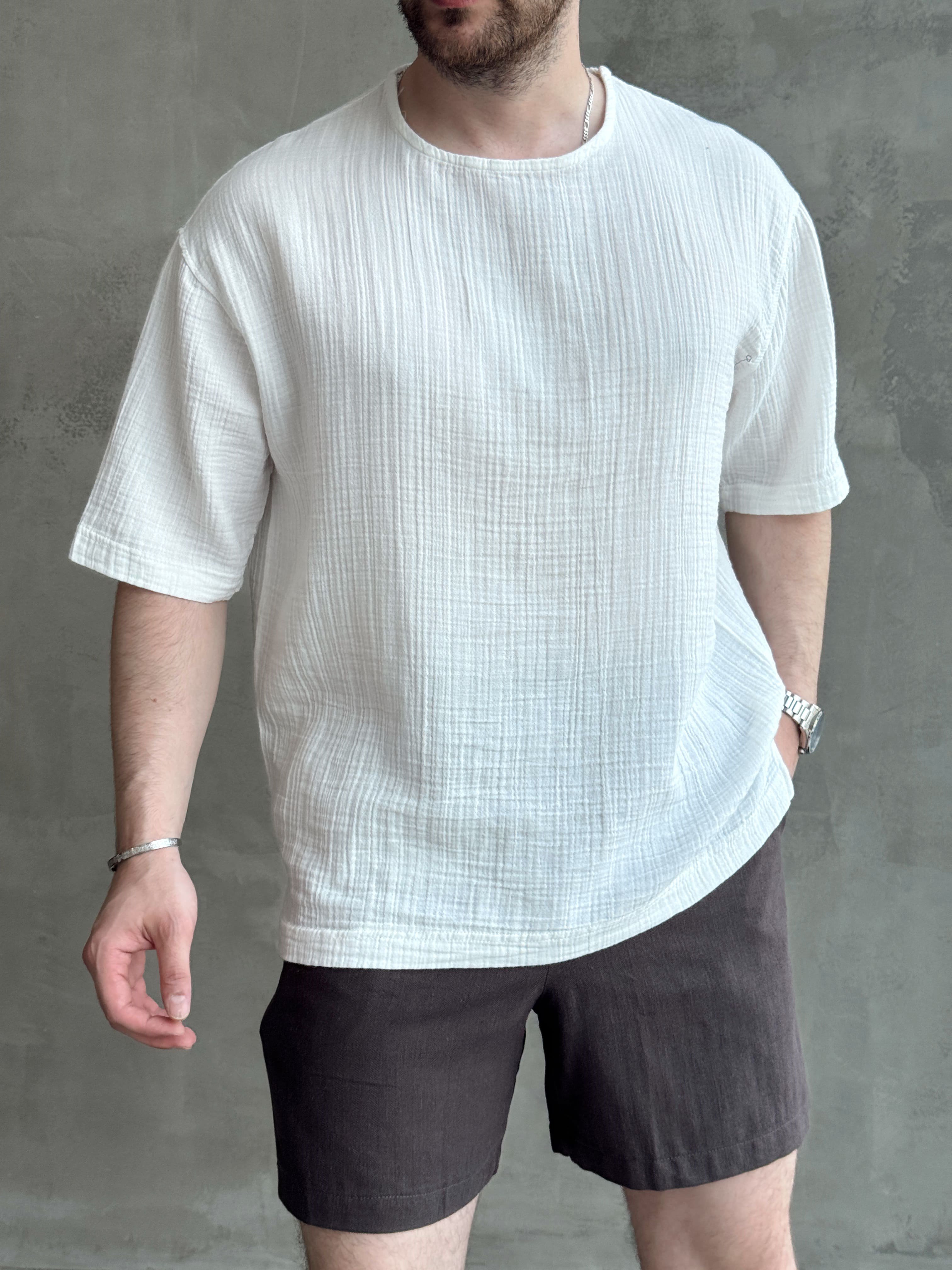 Erkek Günlük Kullanım Oversize Kalıp Muslin Kumaş Fakir Kol Basic T-Shirt-Beyaz(E1769)Ketench