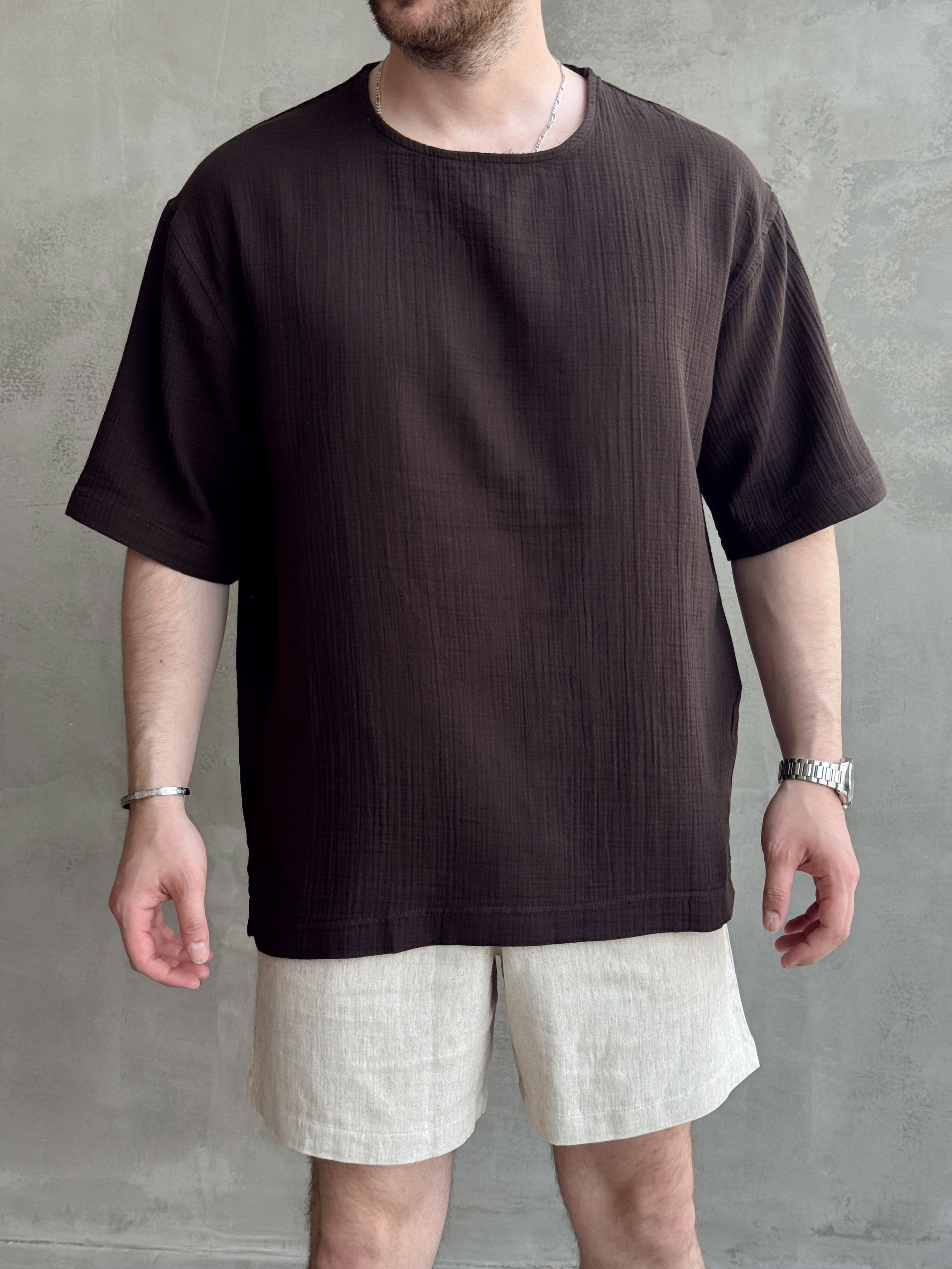 Erkek Günlük Kullanım Oversize Kalıp Muslin Kumaş Fakir Kol Basic T-Shirt-Kahverengi(E1769)Ketench