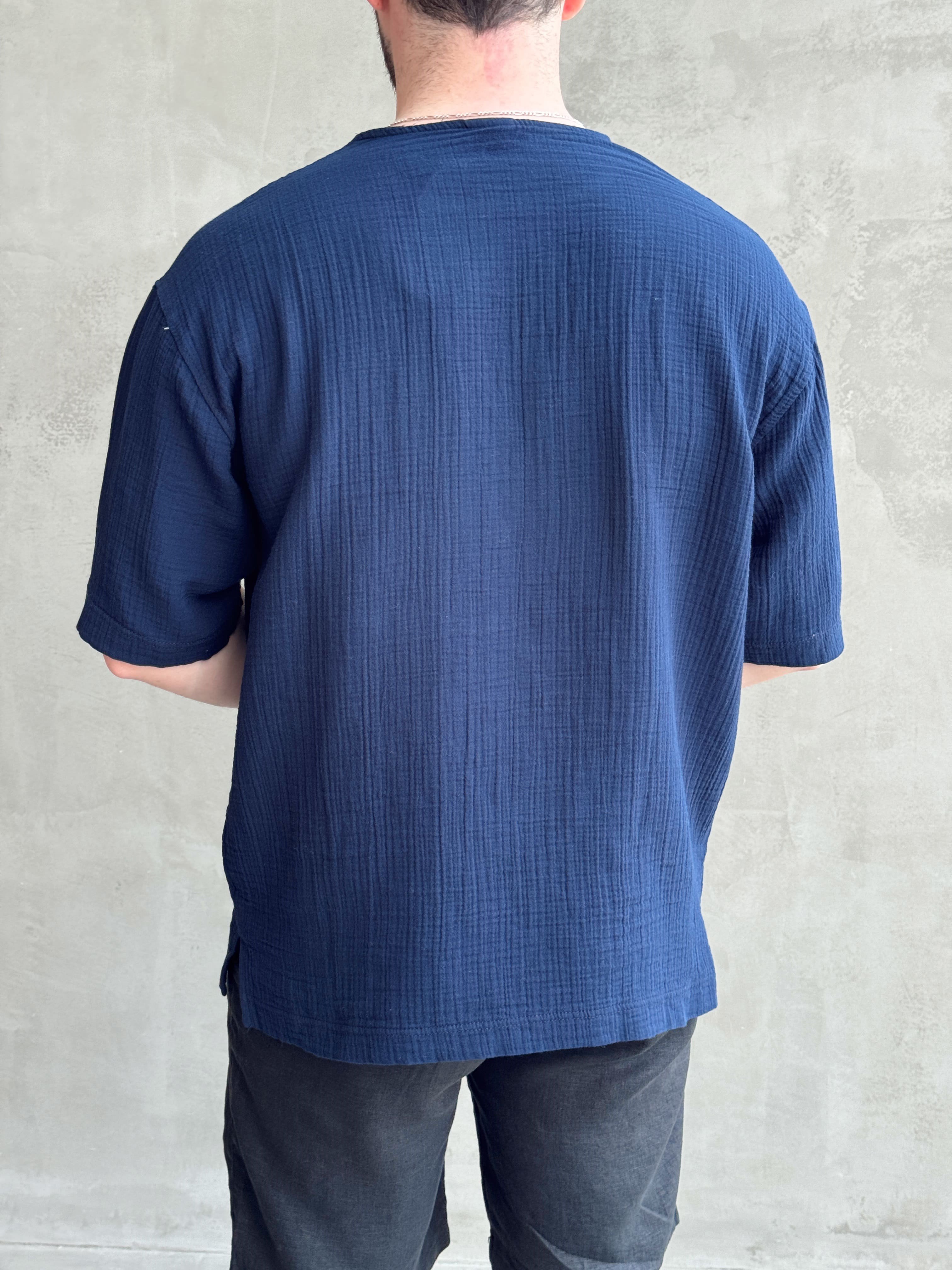 Erkek Günlük Kullanım Oversize Kalıp Muslin Kumaş Fakir Kol Basic T-Shirt-Lacivert(E1769)Ketench