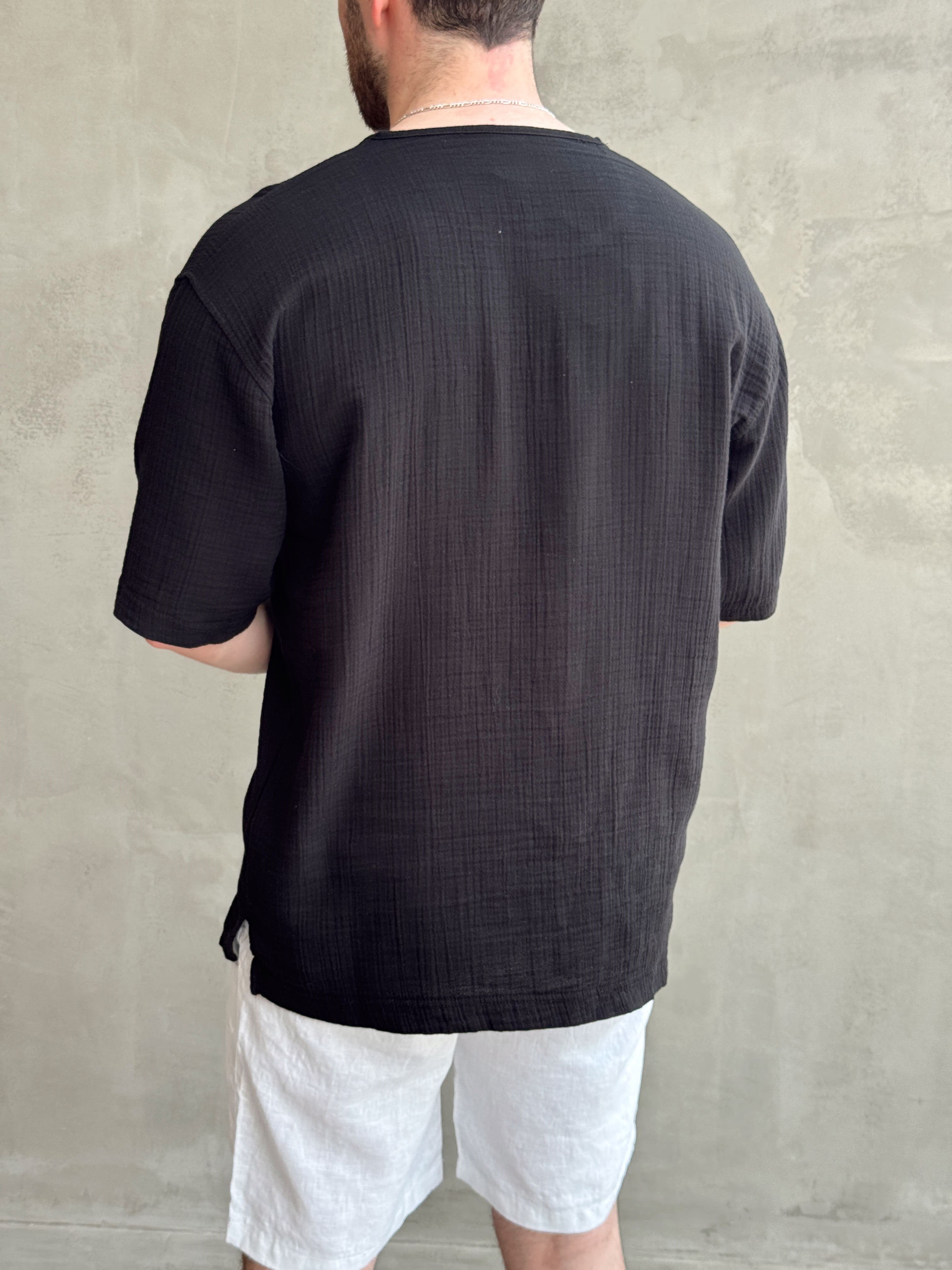 Erkek Günlük Kullanım Oversize Kalıp Muslin Kumaş Fakir Kol Basic T-Shirt-Siyah(E1769)Ketench