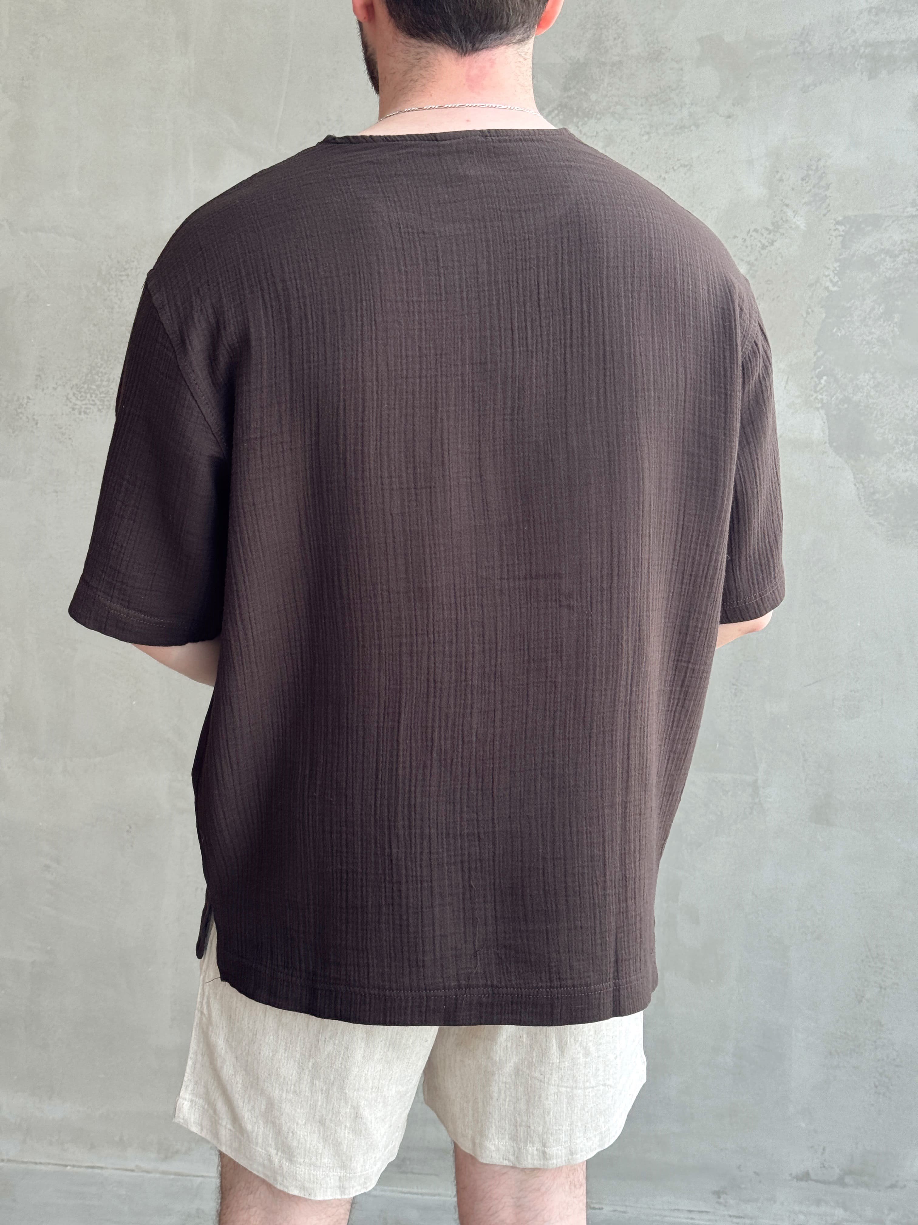 Erkek Günlük Kullanım Oversize Kalıp Muslin Kumaş Fakir Kol Basic T-Shirt-Kahverengi(E1769)Ketench