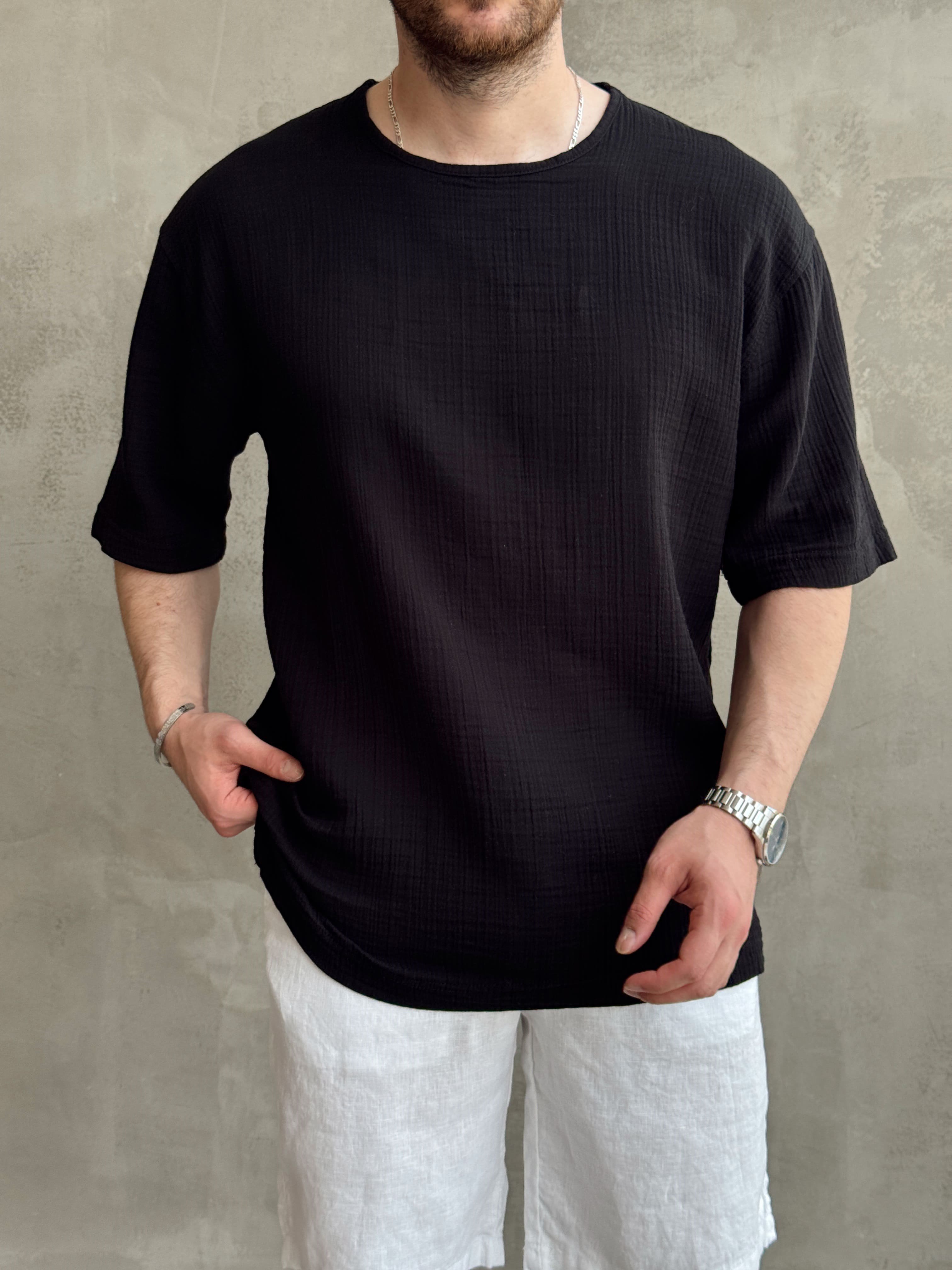 Erkek Günlük Kullanım Oversize Kalıp Muslin Kumaş Fakir Kol Basic T-Shirt-Siyah(E1769)Ketench