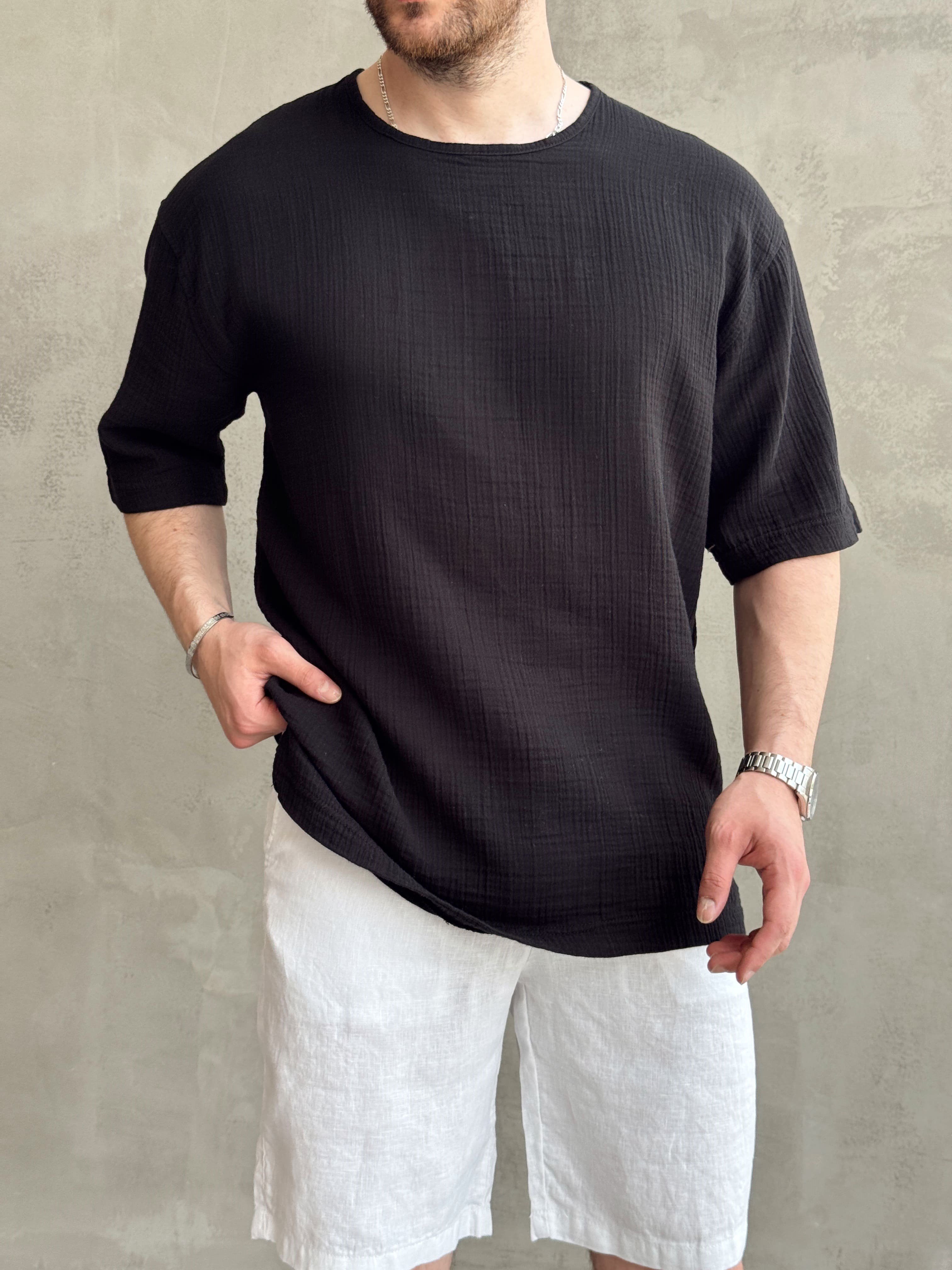 Erkek Günlük Kullanım Oversize Kalıp Muslin Kumaş Fakir Kol Basic T-Shirt-Siyah(E1769)Ketench