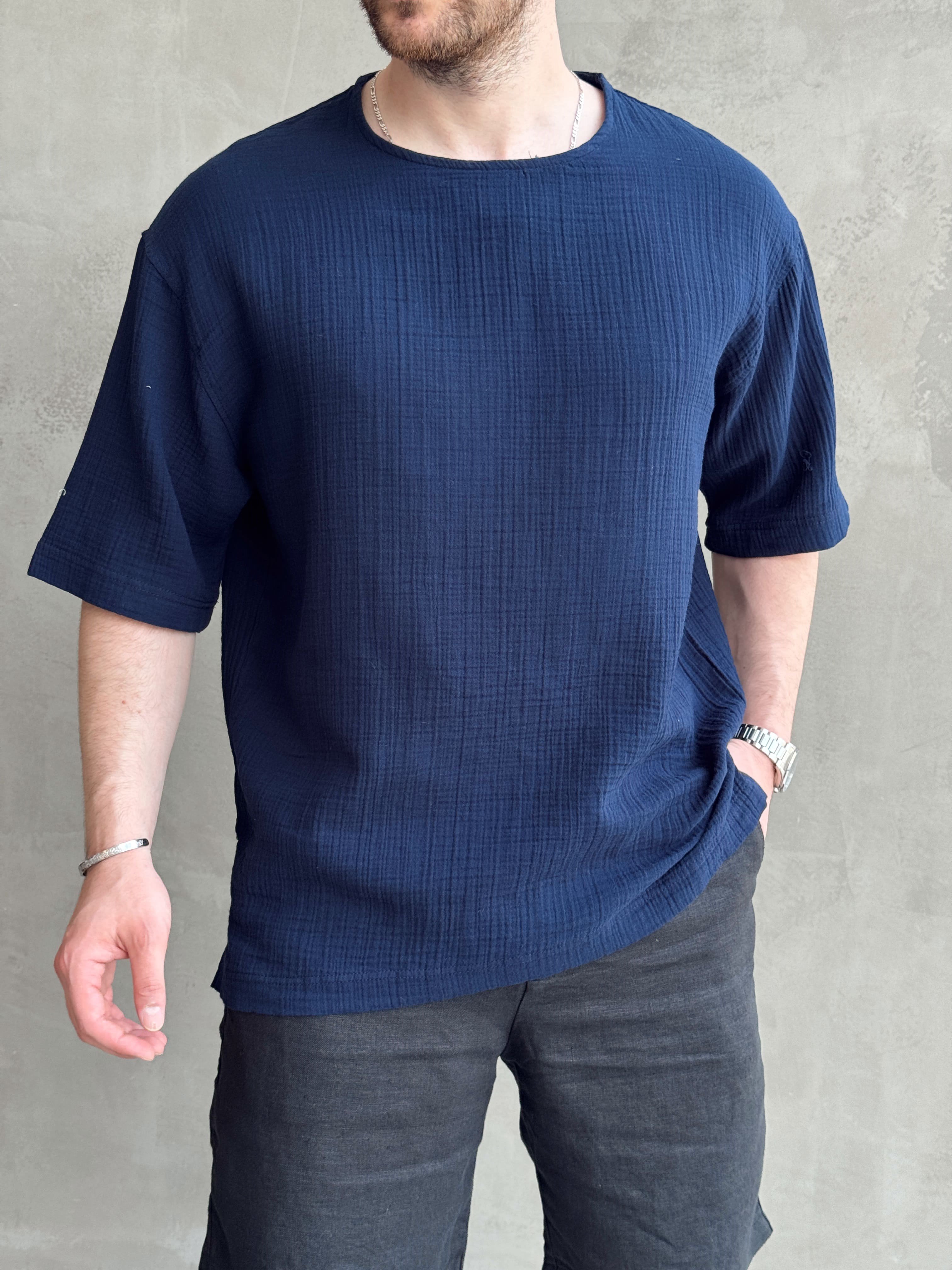 Erkek Günlük Kullanım Oversize Kalıp Muslin Kumaş Fakir Kol Basic T-Shirt-Lacivert(E1769)Ketench