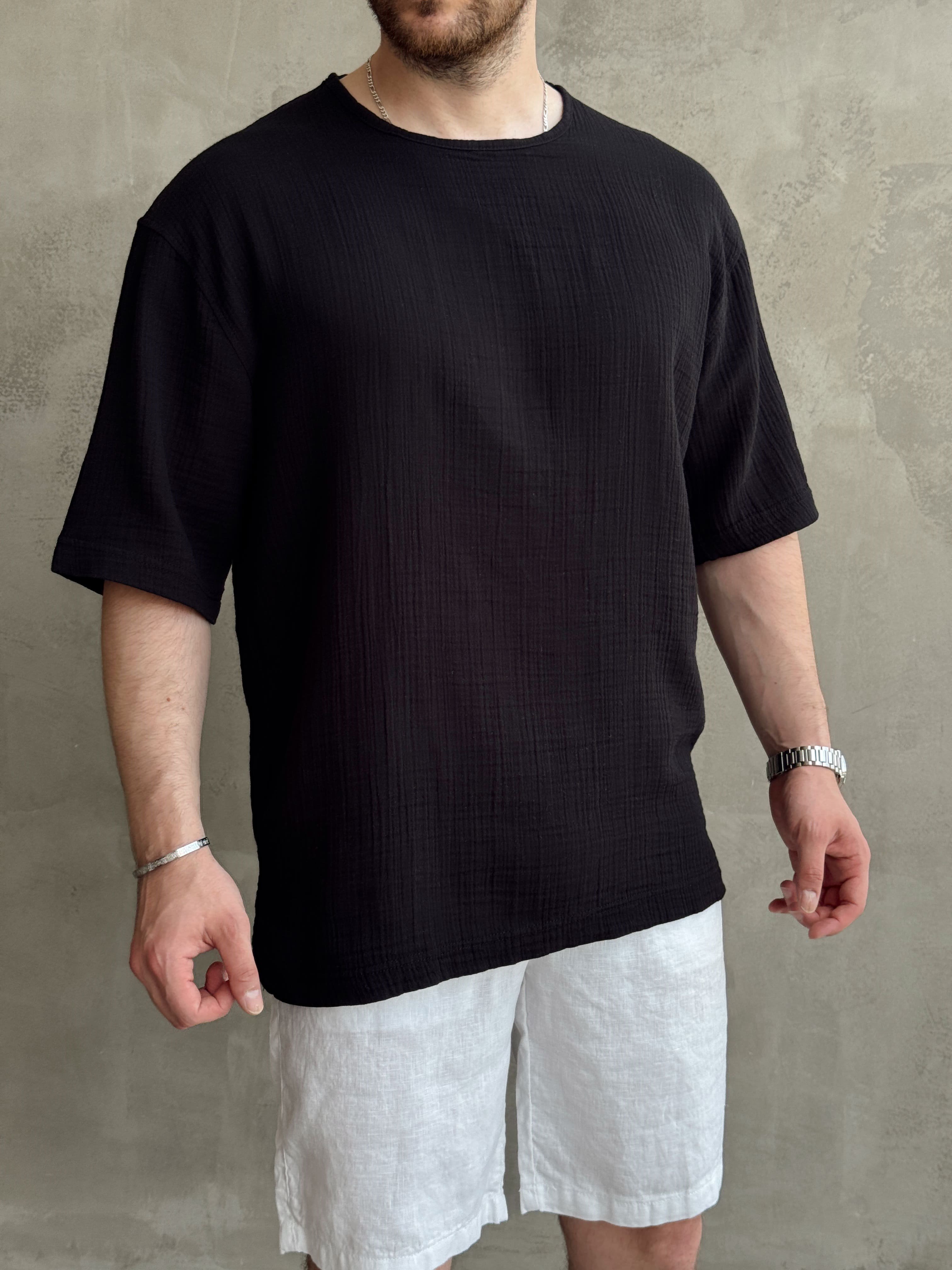 Erkek Günlük Kullanım Oversize Kalıp Muslin Kumaş Fakir Kol Basic T-Shirt-Siyah(E1769)Ketench