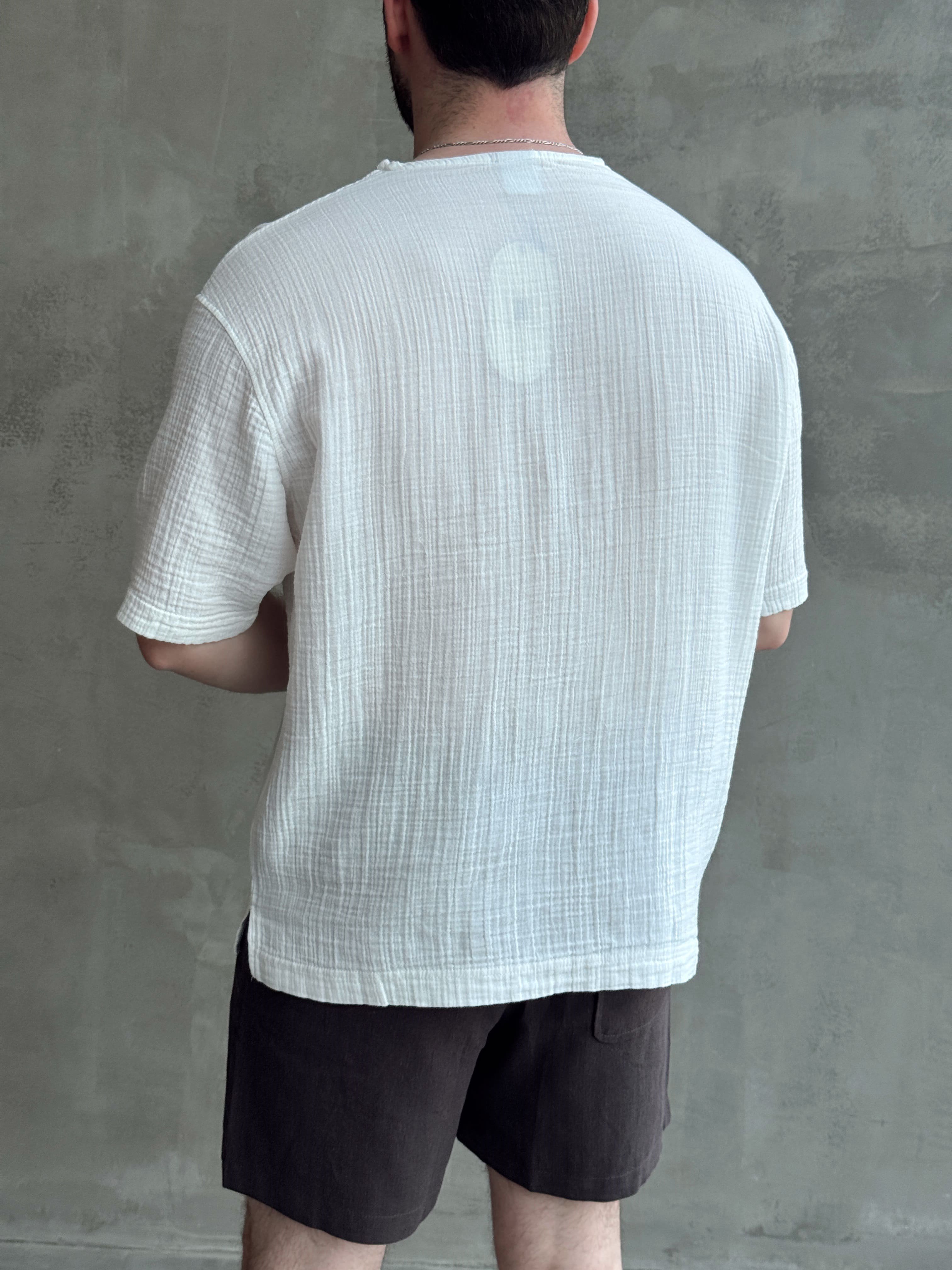 Erkek Günlük Kullanım Oversize Kalıp Muslin Kumaş Fakir Kol Basic T-Shirt-Beyaz(E1769)Ketench