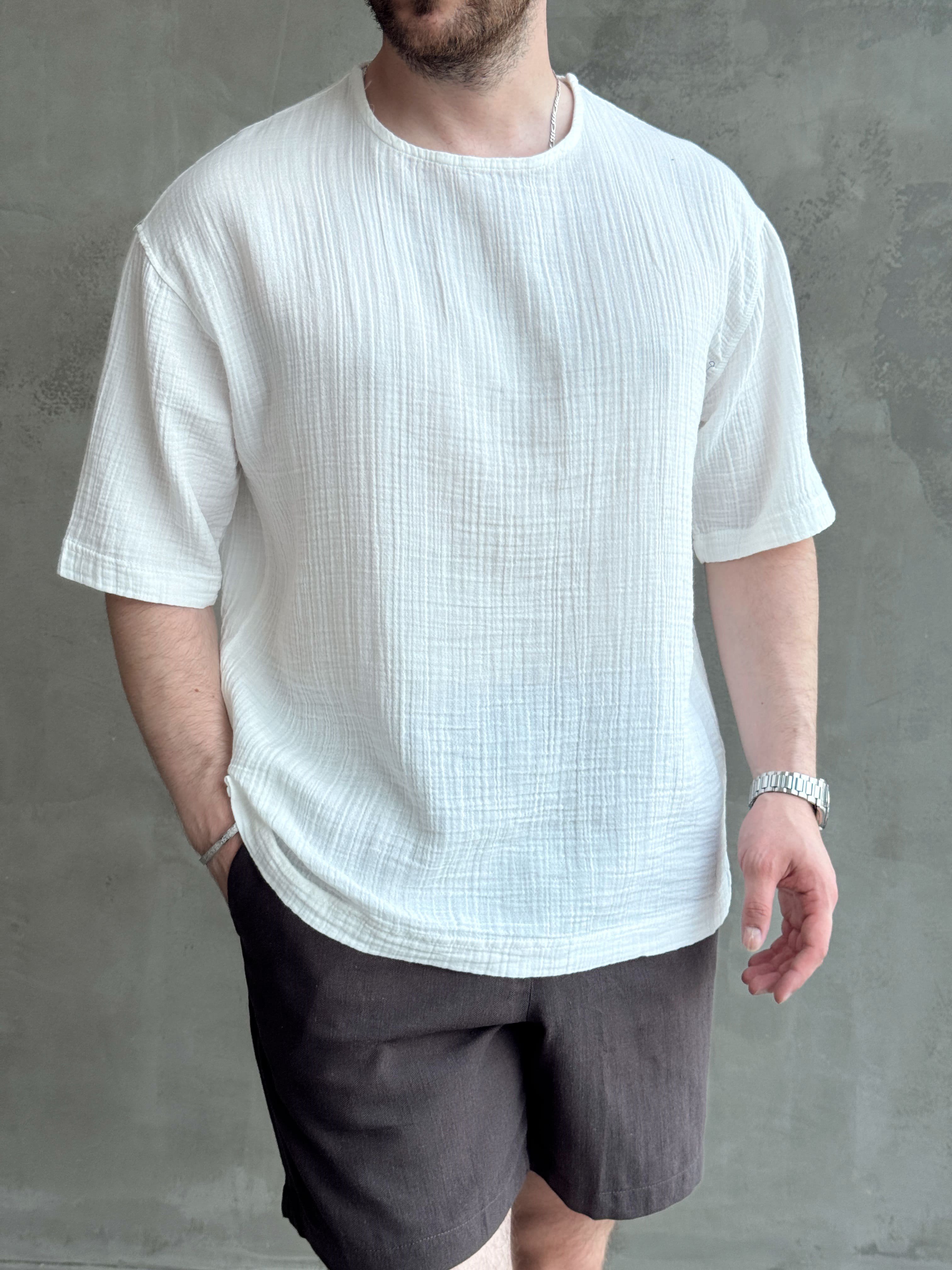 Erkek Günlük Kullanım Oversize Kalıp Muslin Kumaş Fakir Kol Basic T-Shirt-Beyaz(E1769)Ketench