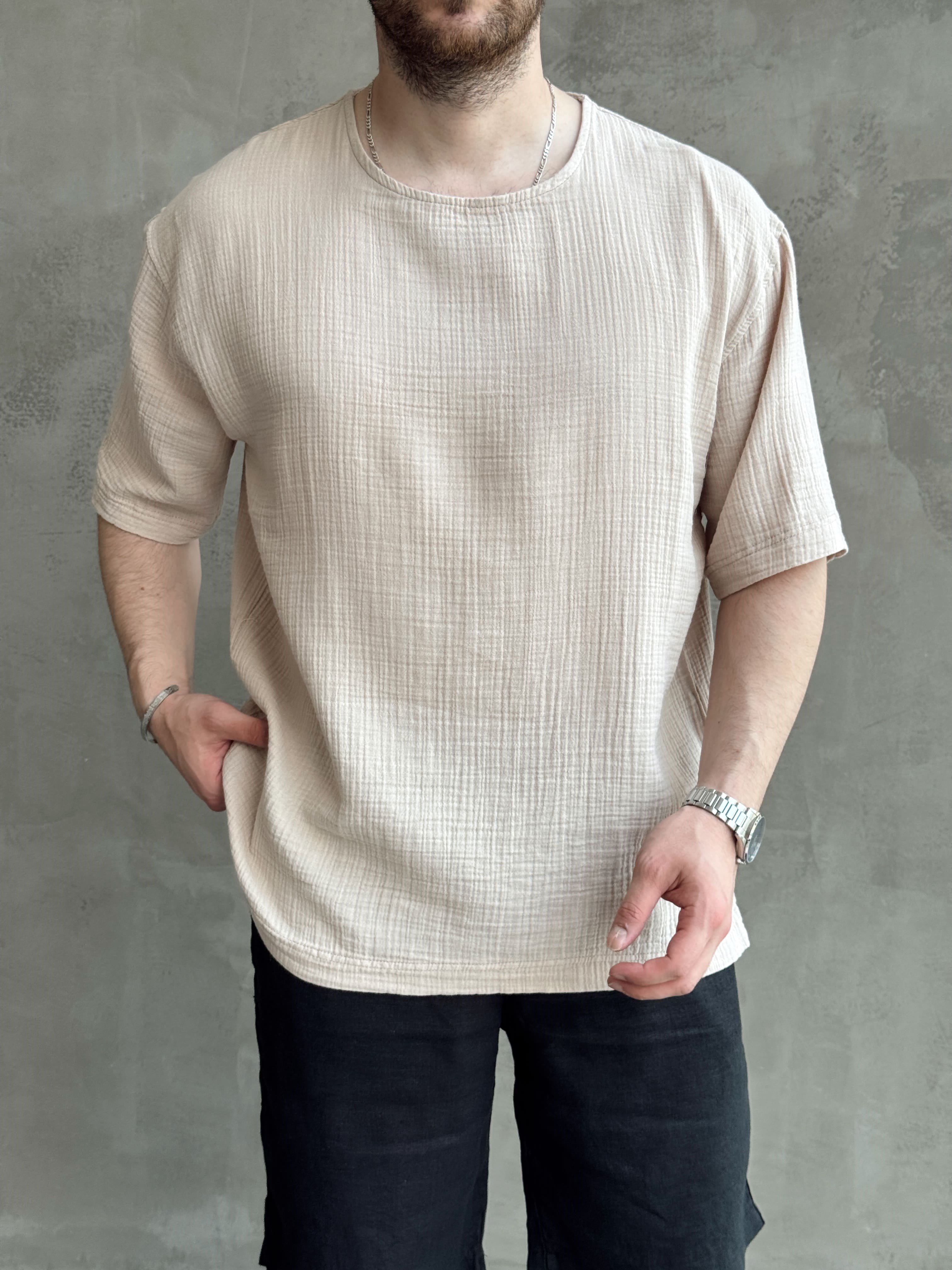 Erkek Günlük Kullanım Oversize Kalıp Muslin Kumaş Fakir Kol Basic T-Shirt-Bej(E1769)Ketench