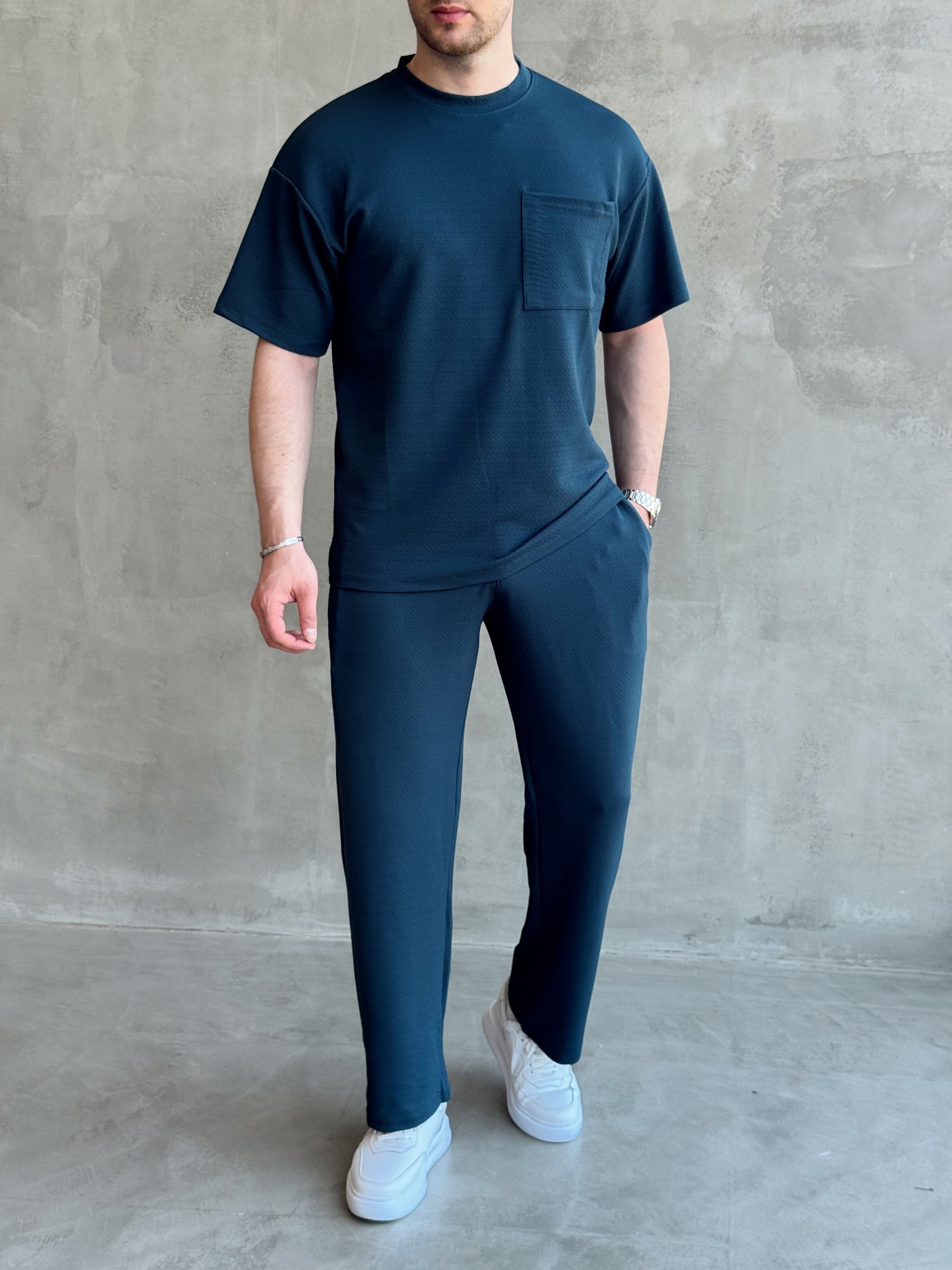 Erkek Günlük Oversize Kalıp T-Shirt ve Baggy Kalıp Eşofman Takım-Petrol(E1759)Ketench