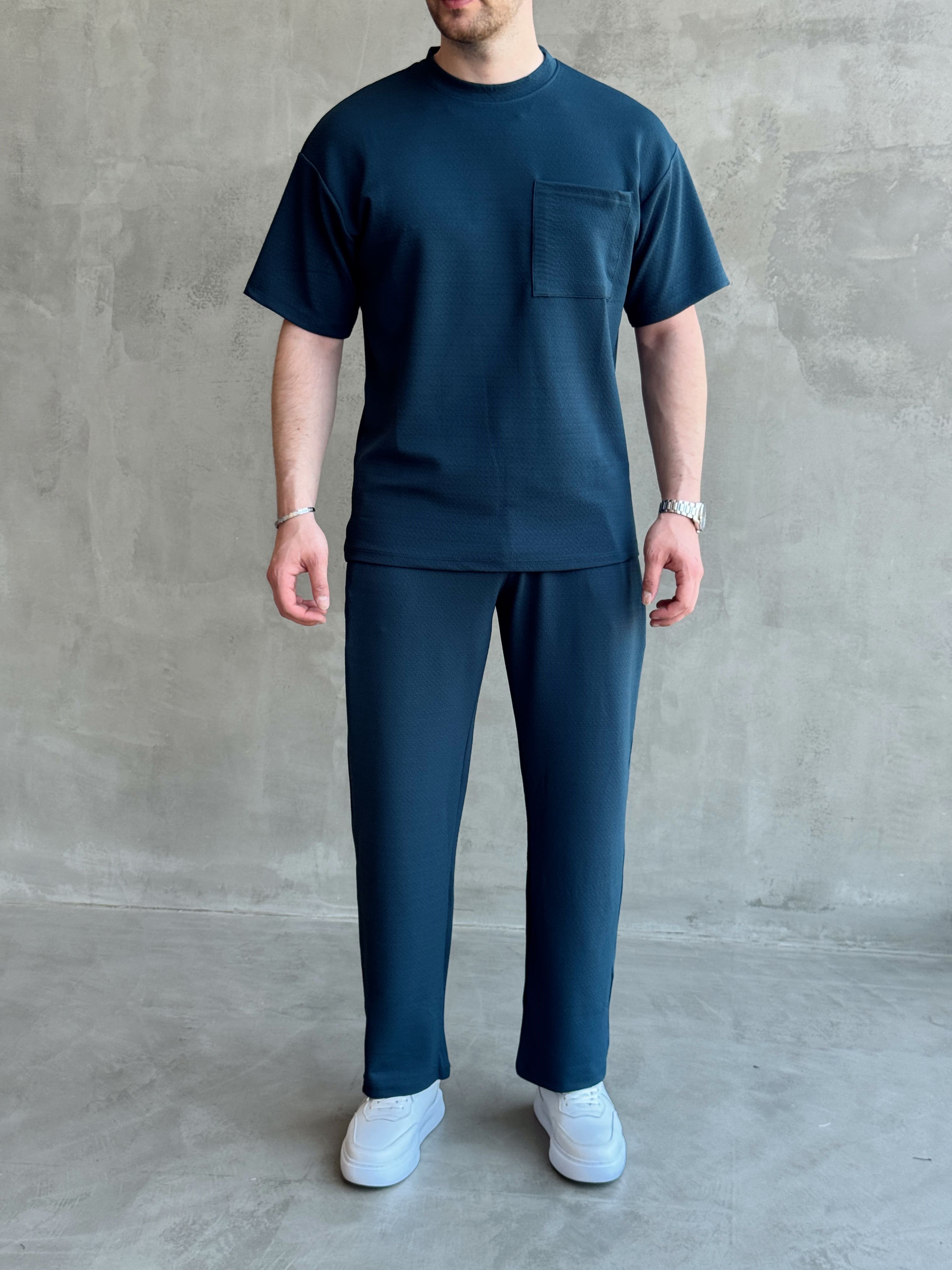 Erkek Günlük Oversize Kalıp T-Shirt ve Baggy Kalıp Eşofman Takım-Petrol(E1759)Ketench