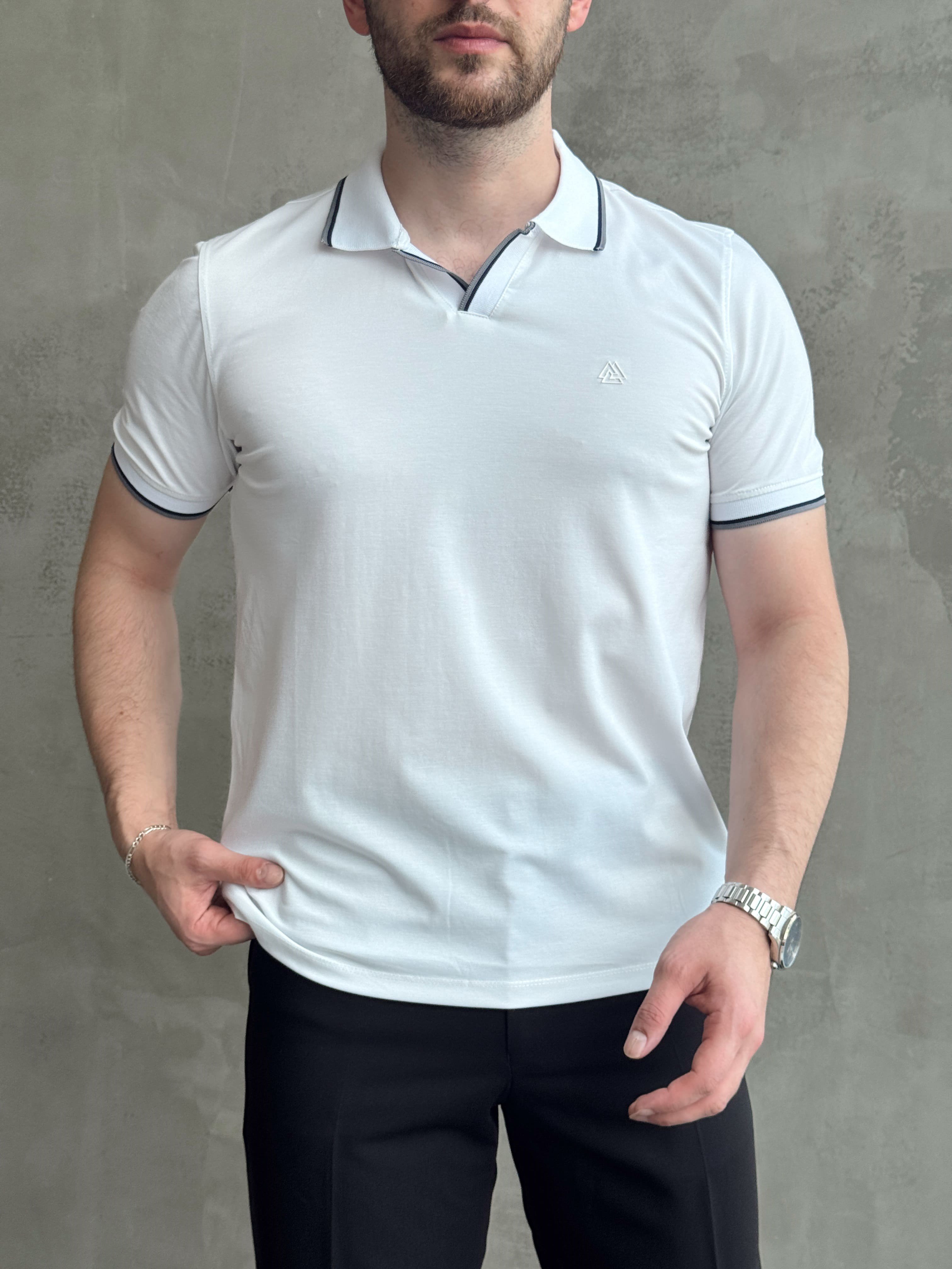 Erkek Günlük ve Özel Gün Regular Kalıp Şerit Detaylı Polo Yaka T-Shirt-Beyaz(E1785)Ketench
