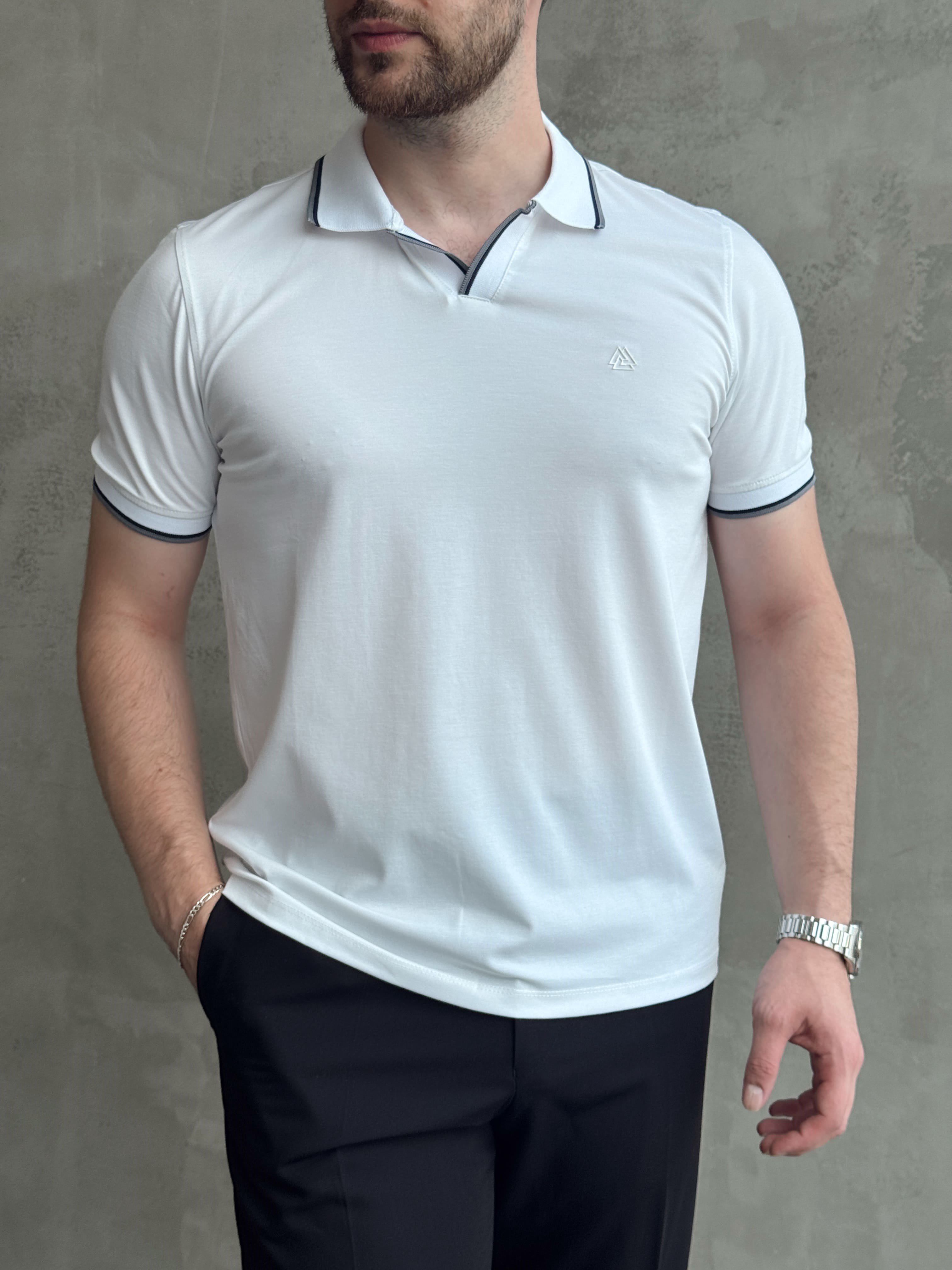 Erkek Günlük ve Özel Gün Regular Kalıp Şerit Detaylı Polo Yaka T-Shirt-Beyaz(E1785)Ketench